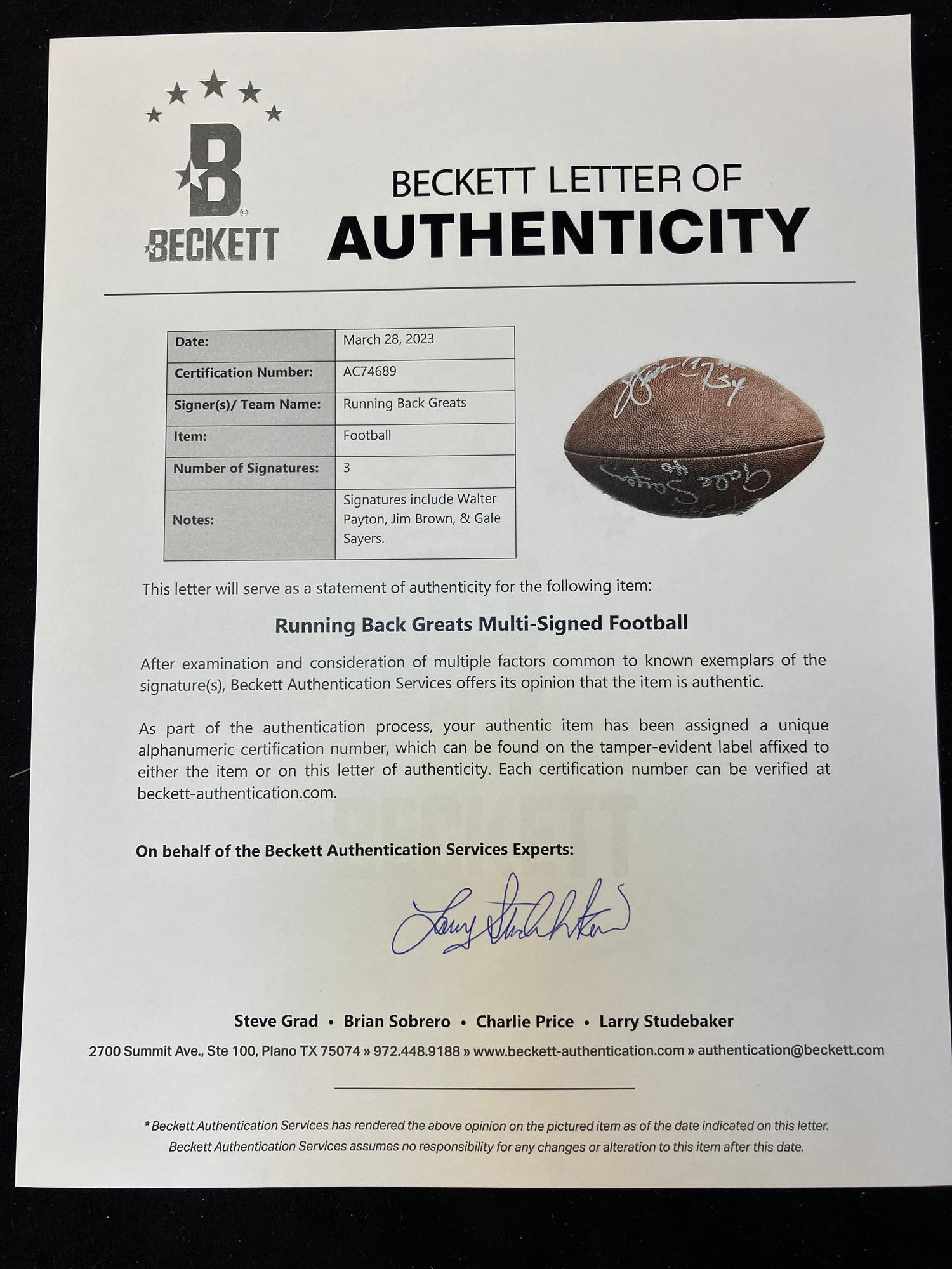 A Football Hall of Fame Legendary Running Backs Signed Autograph Football Featuring Walter Payton, Jim Brown and Gale Sayers (Beckett Authentication Services Letter),