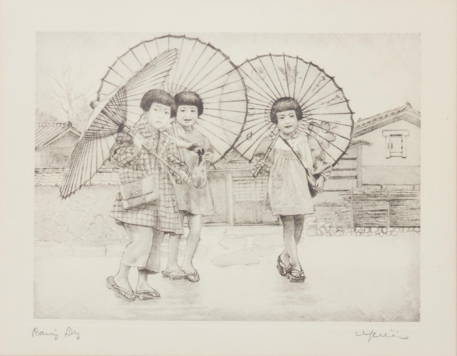 Willy Seiler, (German, 1903-1988), Five works: Japanese Rice Farmer, Rainy Day, Chatterboxes, Famous Beauty, and Little Mother