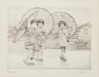 Willy Seiler, (German, 1903-1988), Five works: Japanese Rice Farmer, Rainy Day, Chatterboxes, Famous Beauty, and Little Mother