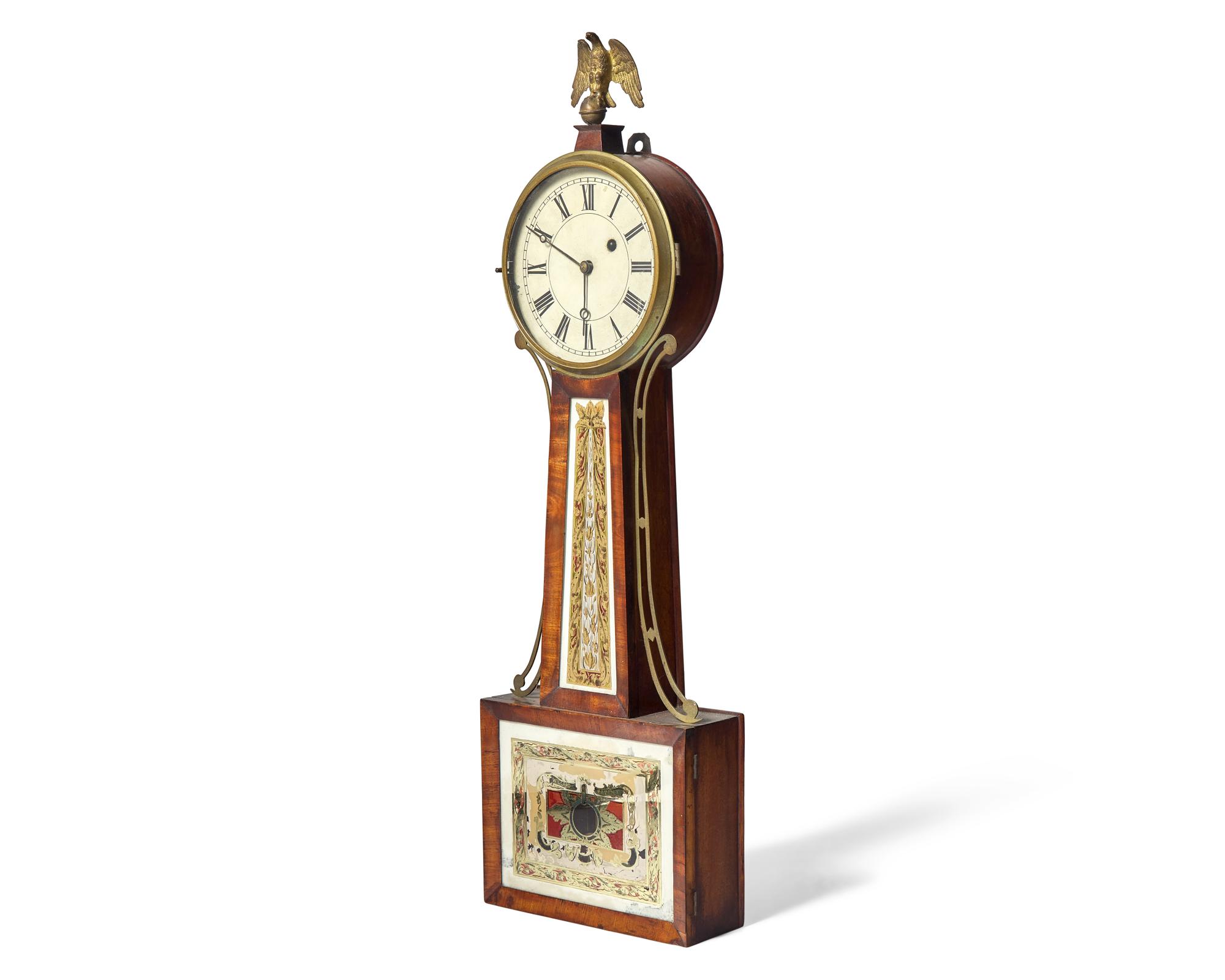 A Federal Brass-Mounted Mahogany and Églomisé Banjo Clock