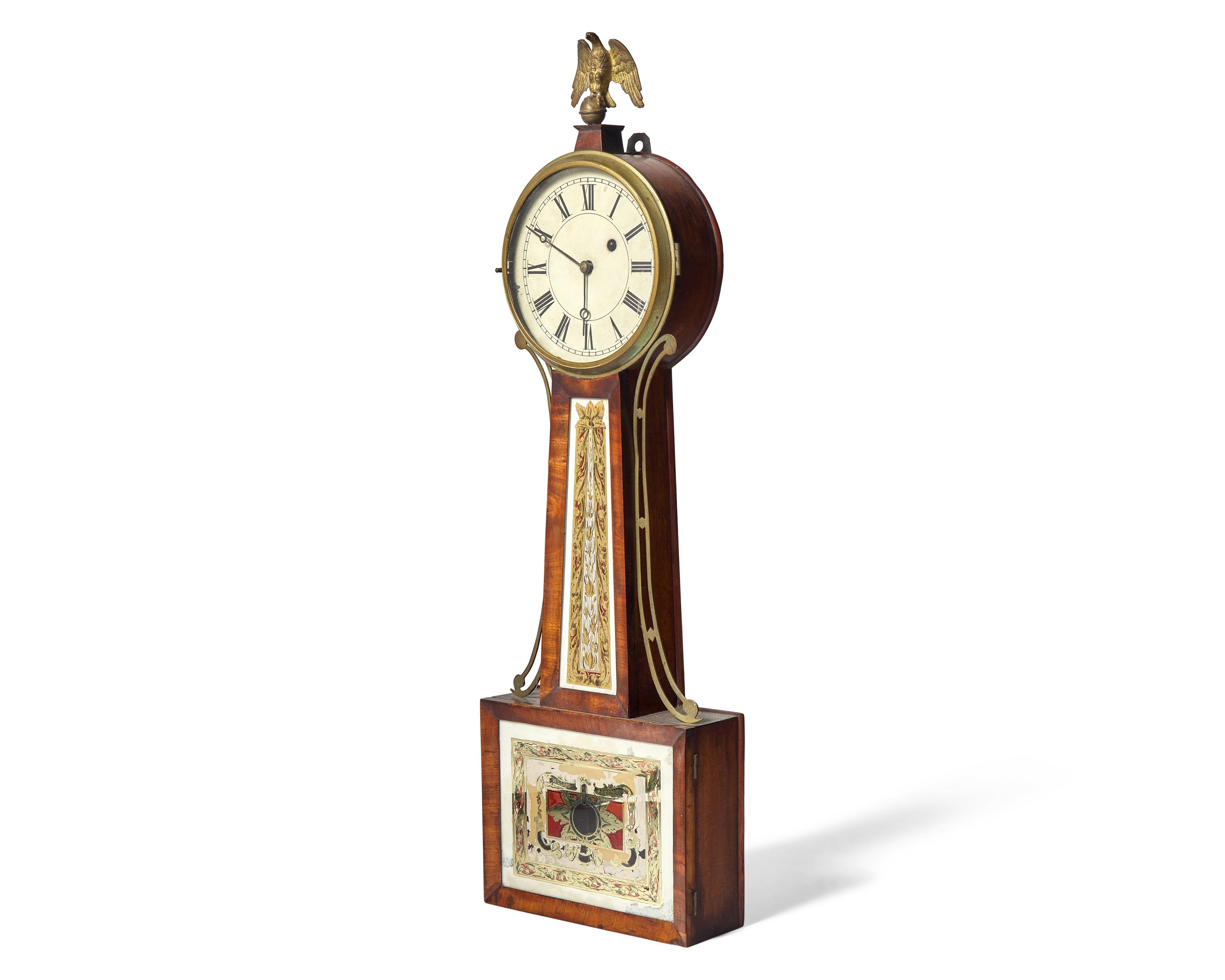 A Federal Brass-Mounted Mahogany and Églomisé Banjo Clock