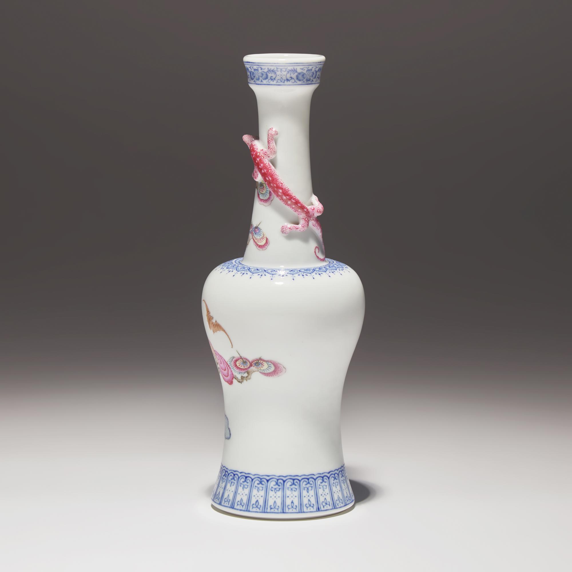 A Finely Decorated Chinese Enameled 'Lingzhi and Chilong' Porcelain Vase, Yongzheng Mark — 雍正款 粉彩靈芝紋盤螭龍搖鈴尊