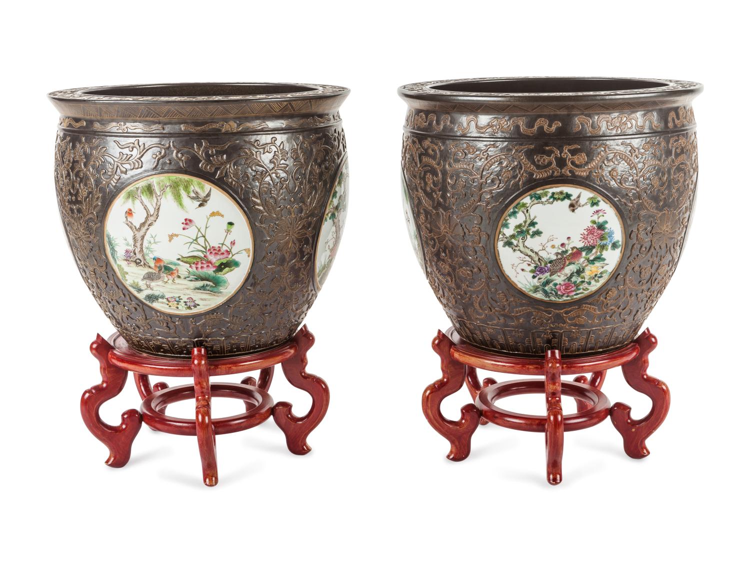 A Pair of Large Chinese Export Brown-Glazed Porcelain Jardinières with Stands — 20TH CENTURY