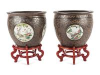 A Pair of Large Chinese Export Brown-Glazed Porcelain Jardinières with Stands — 20TH CENTURY