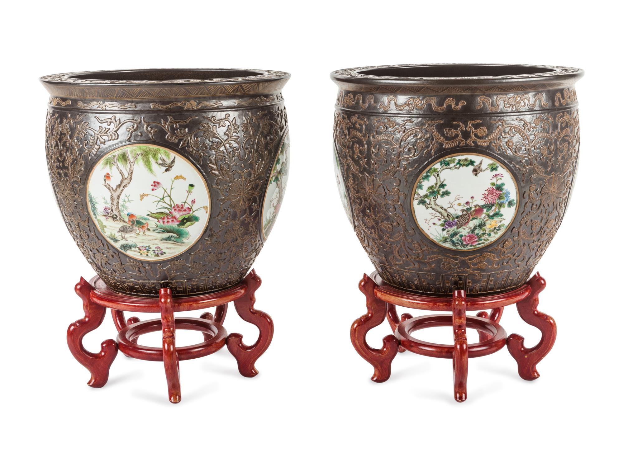 A Pair of Large Chinese Export Brown-Glazed Porcelain Jardinières with Stands — 20TH CENTURY
