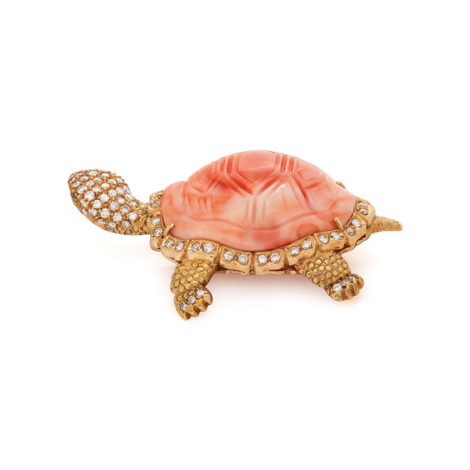 YELLOW GOLD, CORAL, AND DIAMOND ARTICULATED TURTLE BROOCH