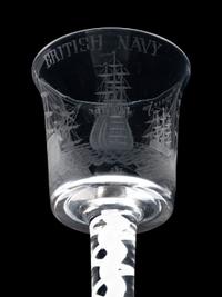 An Opaque Twist Engraved Wine Glass of British Naval Interest