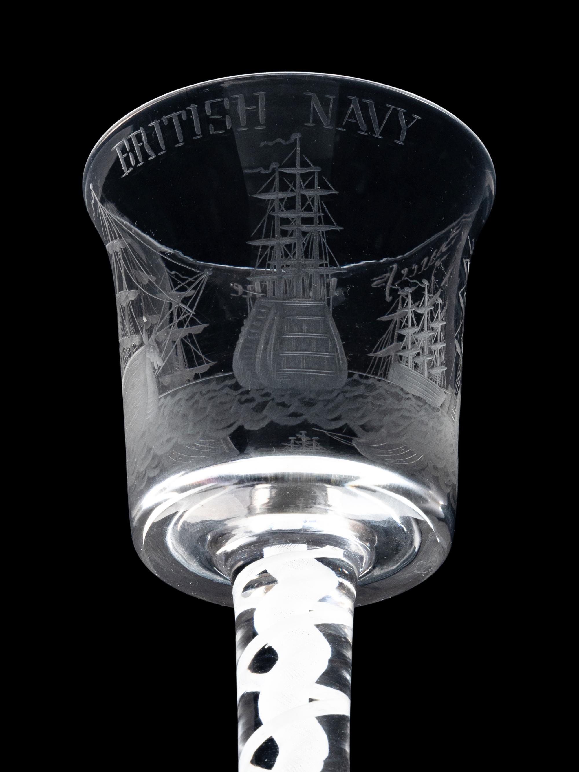 An Opaque Twist Engraved Wine Glass of British Naval Interest