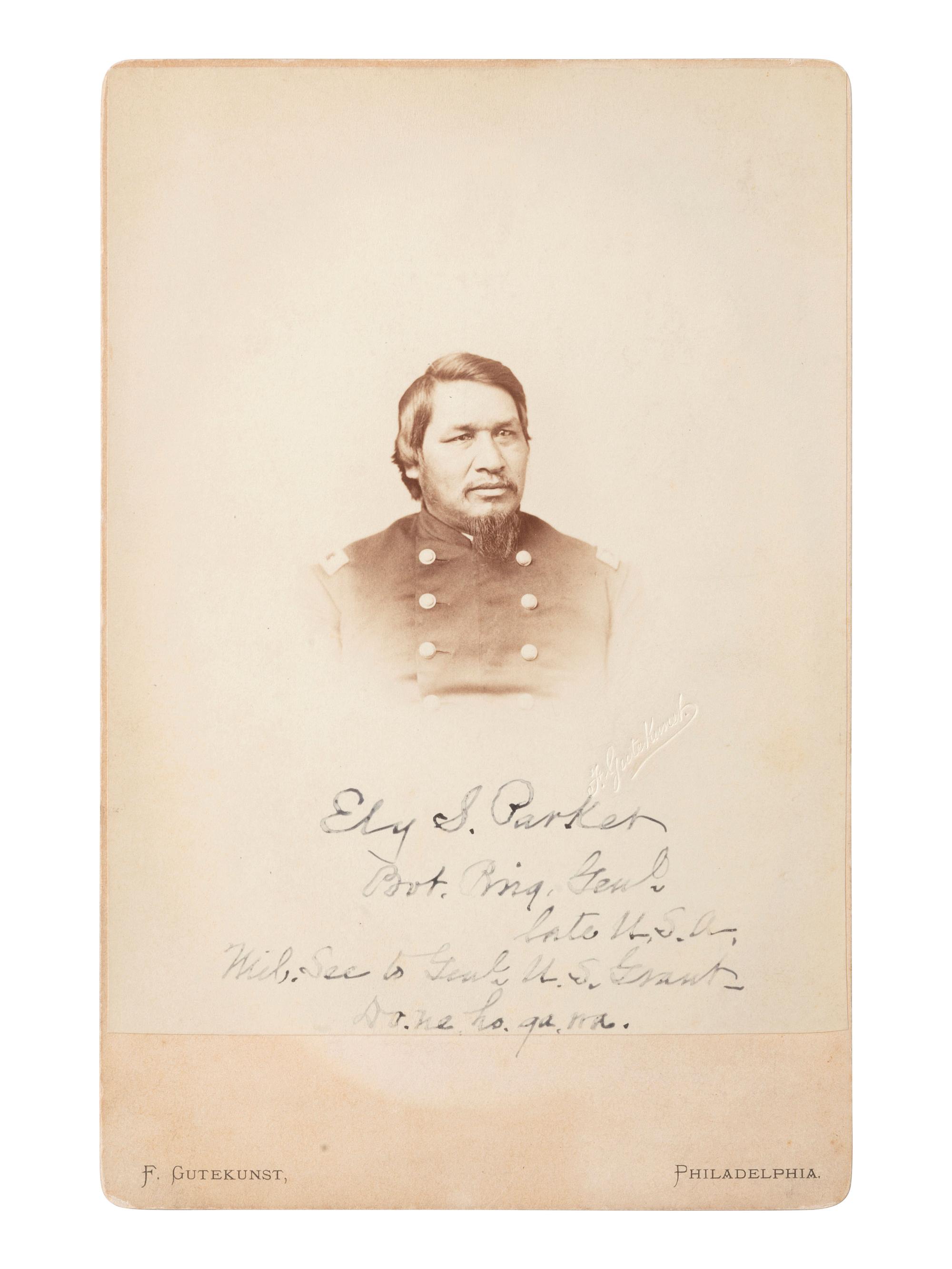 [CIVIL WAR]. PARKER, Ely S. Signed and inscribed cabinet card. Philadelphia: Gutekunst, n.d.