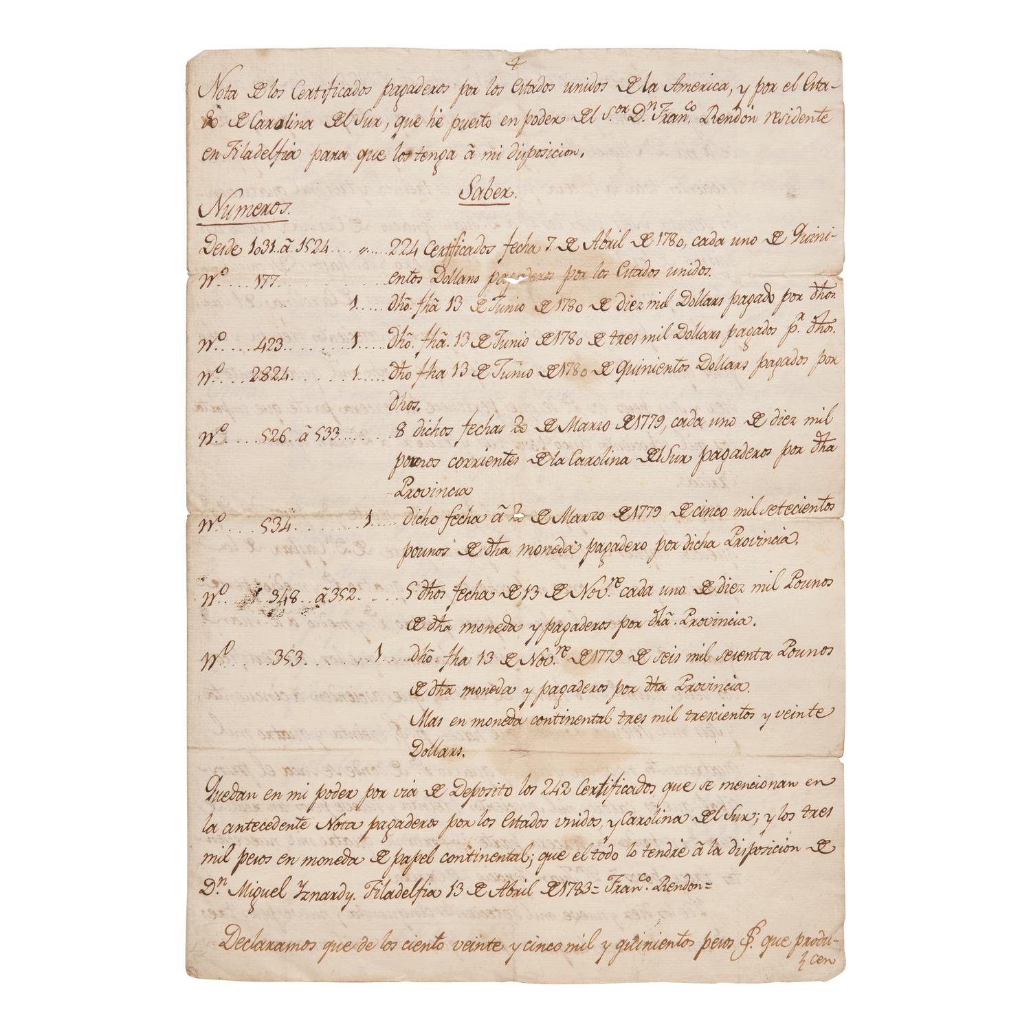 [American Revolution] Iznardy, Miguel Lorenzo de. Manuscript Document, "Nota de los certificados pagaderos por los Estados unidos de la America"