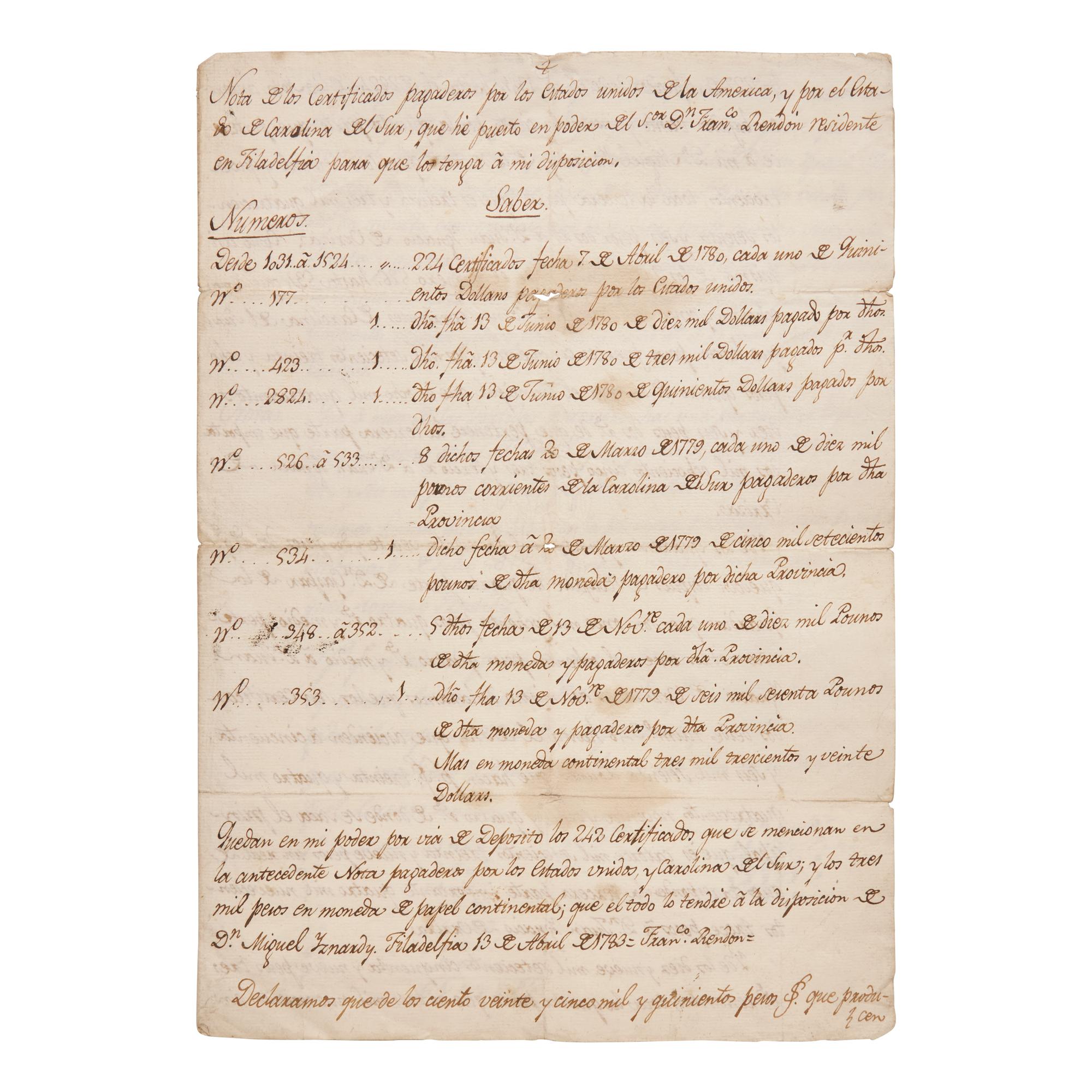 [American Revolution] Iznardy, Miguel Lorenzo de. Manuscript Document, "Nota de los certificados pagaderos por los Estados unidos de la America"