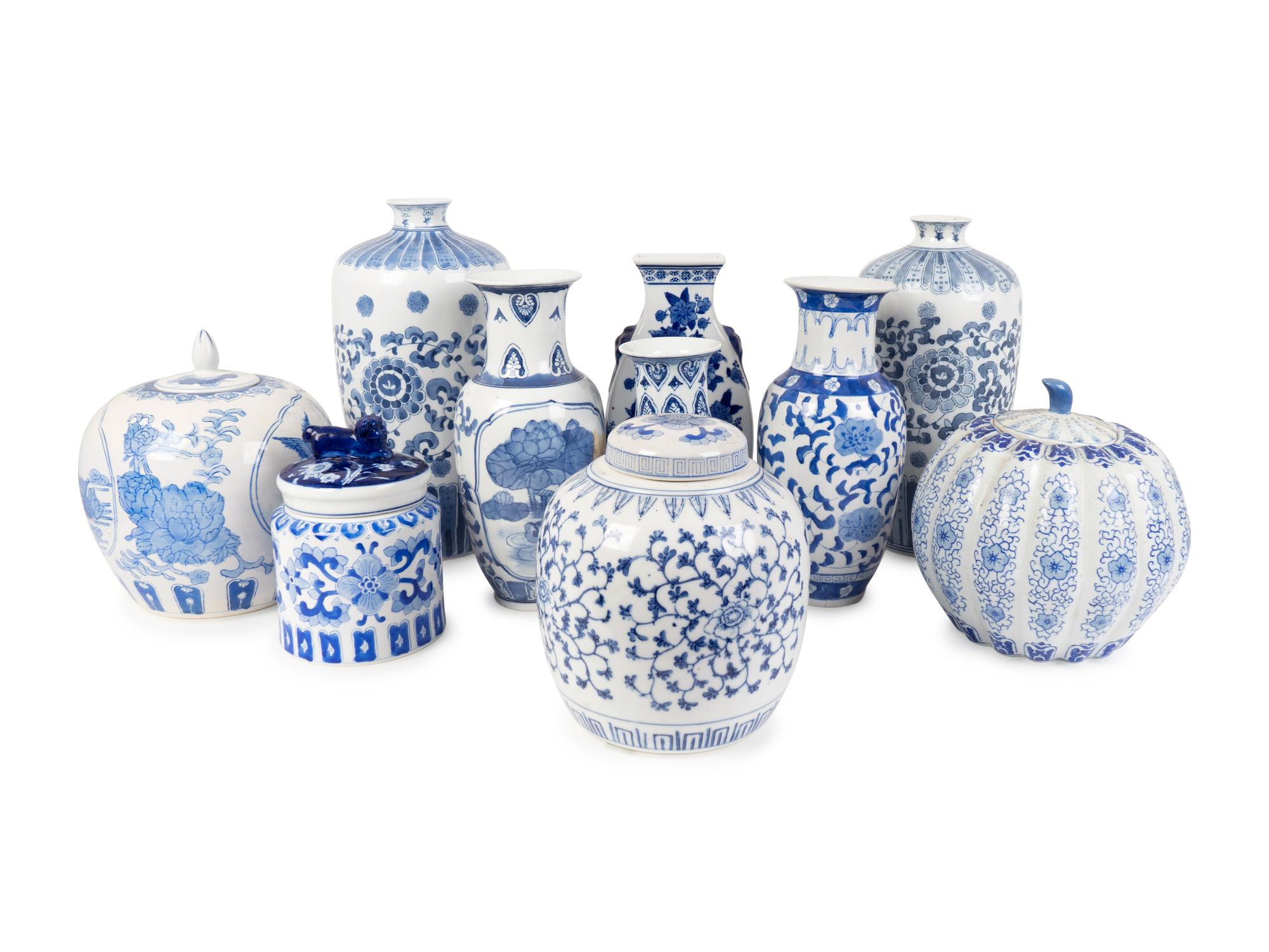 Ten Blue and White Porcelain Vases and Jars — 20TH CENTURY