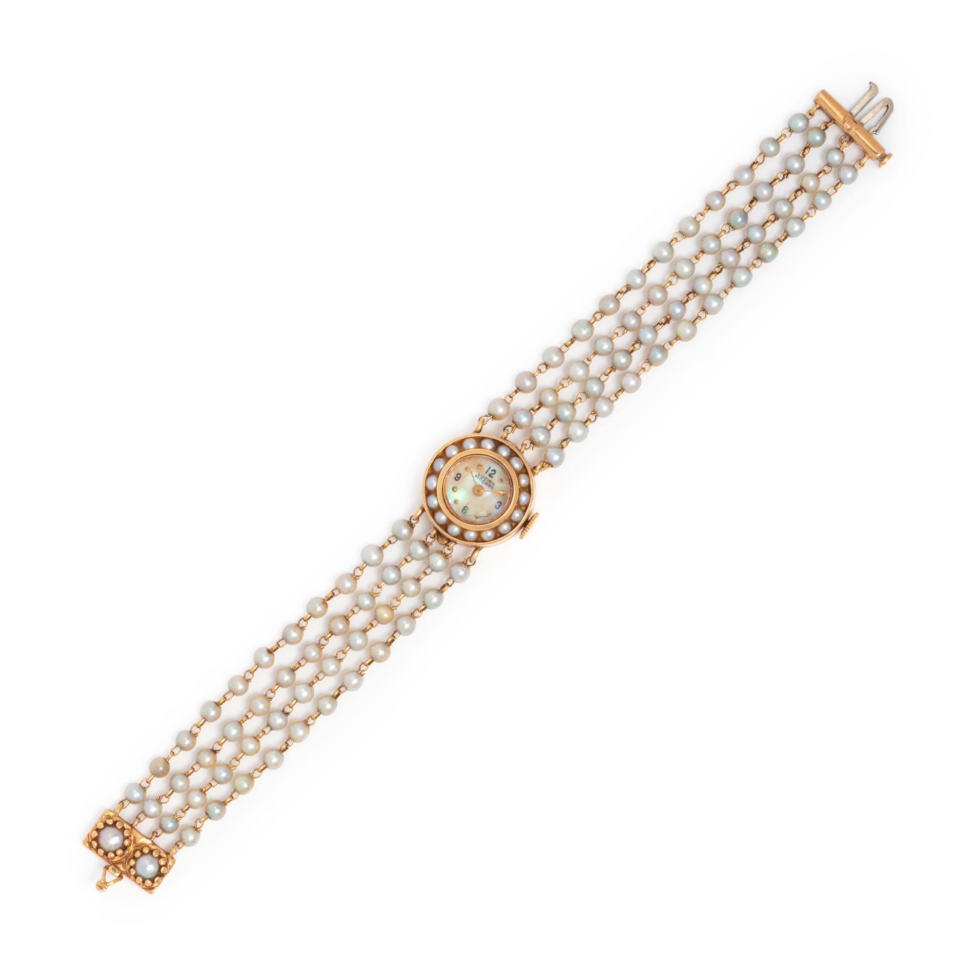 LUCIEN PICCARD, 14K YELLOW GOLD AND CULTURED PEARL WRISTWATCH