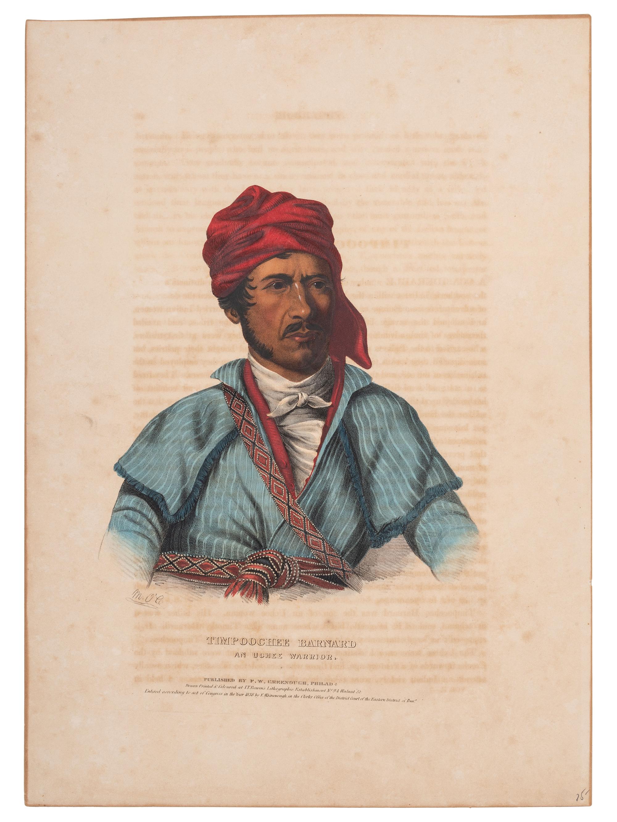 [McKENNEY & HALL]. A group of 3 large folio hand-colored lithographs of Chocktaw, Uchee, and Seminole. 1833-1838.