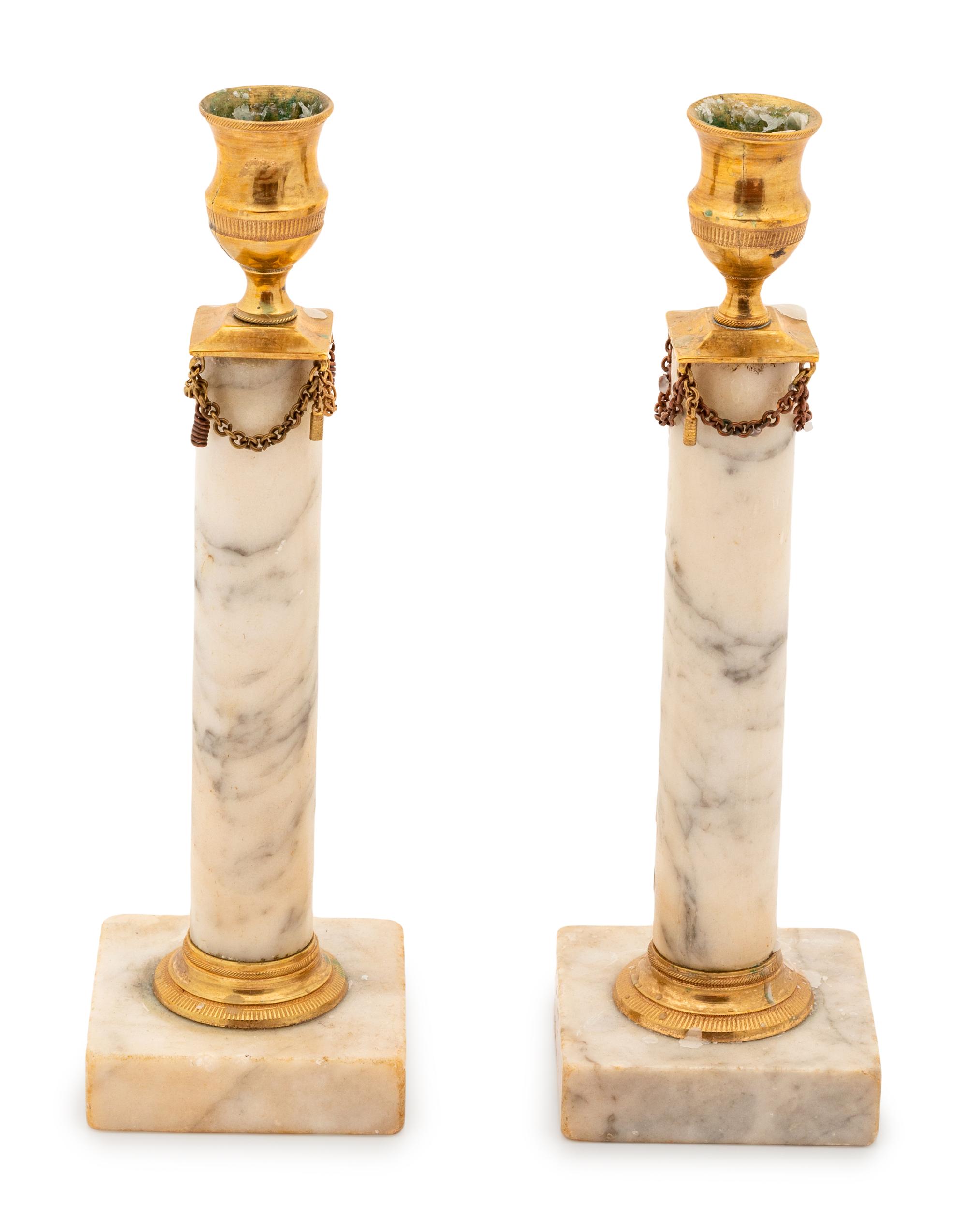A Pair of Swedish Grey Marble Candlesticks
