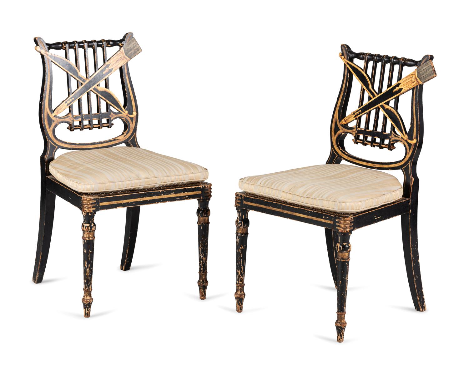 A Pair of Classical Gilt and Black Painted Lyre-Back Cane Upholstered Side Chairs