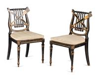 A Pair of Classical Gilt and Black Painted Lyre-Back Cane Upholstered Side Chairs