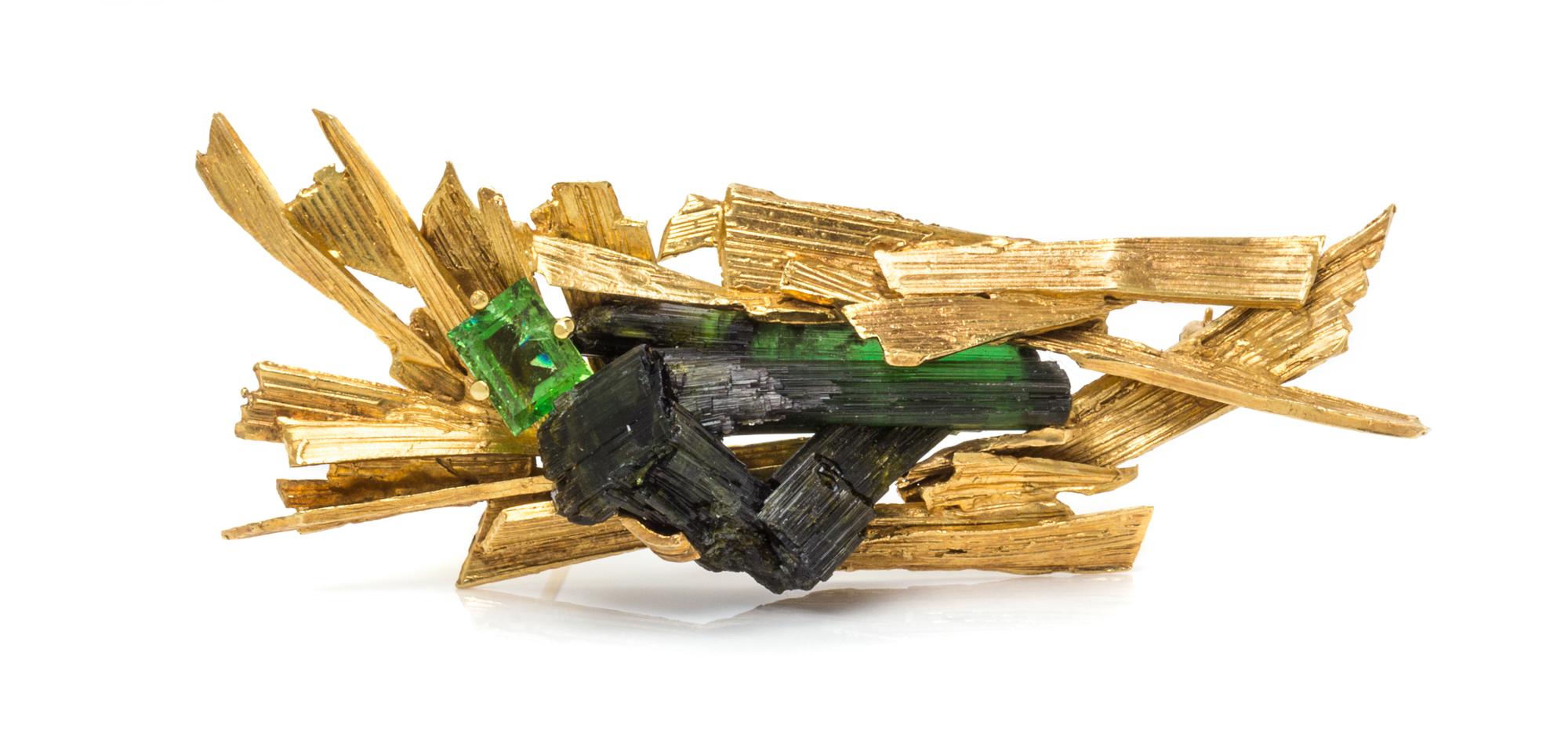 A Modernist Brutalist 18 Karat Yellow Gold and Tourmaline Brooch, Ed Wiener, 10.00 dwts.