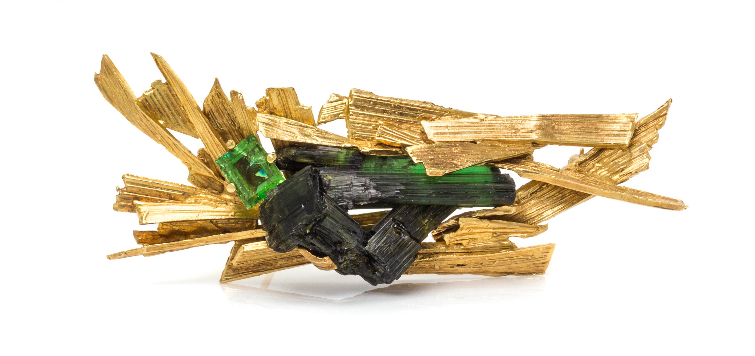 A Modernist Brutalist 18 Karat Yellow Gold and Tourmaline Brooch, Ed Wiener, 10.00 dwts.