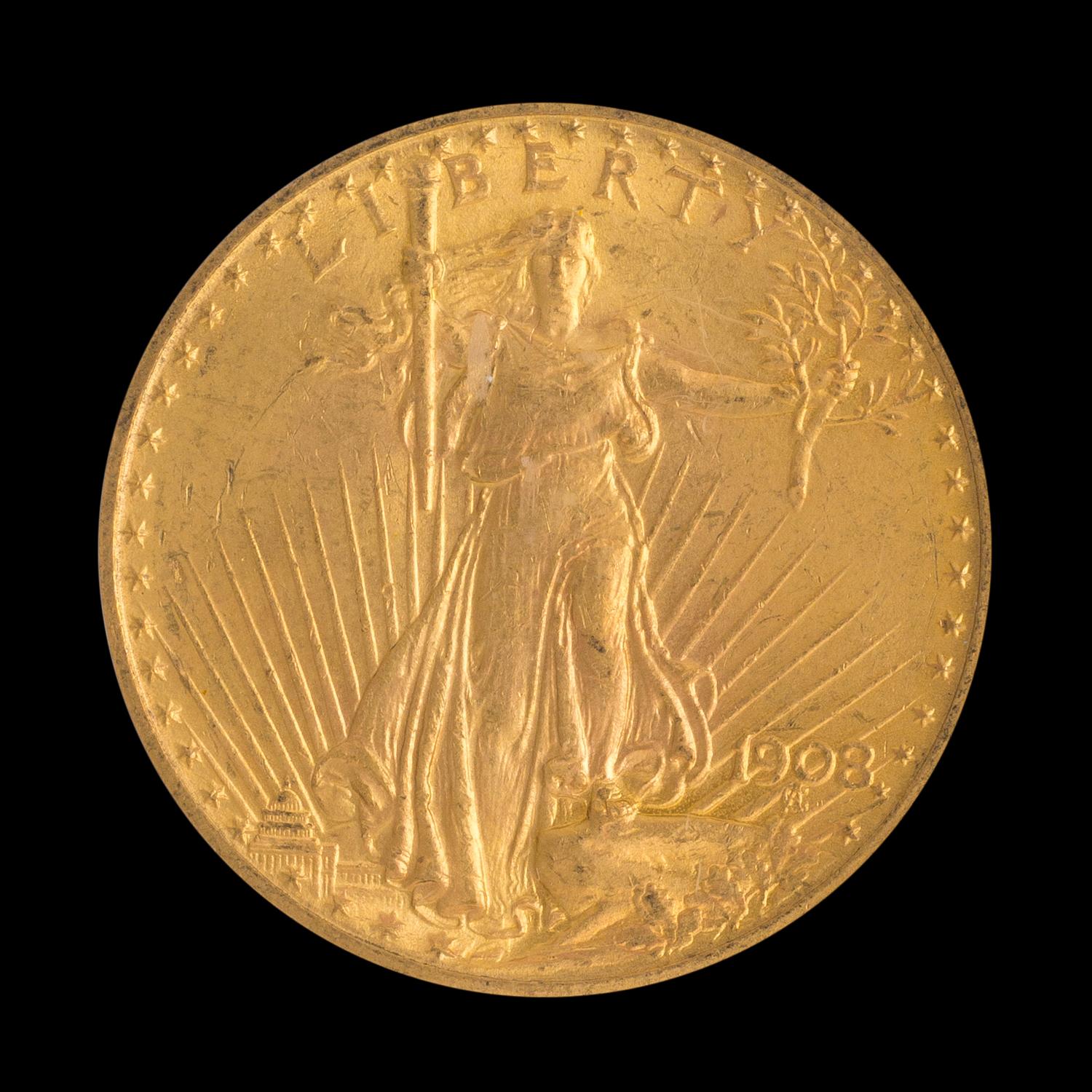 A United States 1908 Saint-Gaudens: Motto $20 Gold Coin