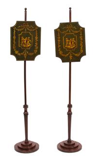 A Pair of English Regency Pole Screens Height 55 inches. — 19TH CENTURY