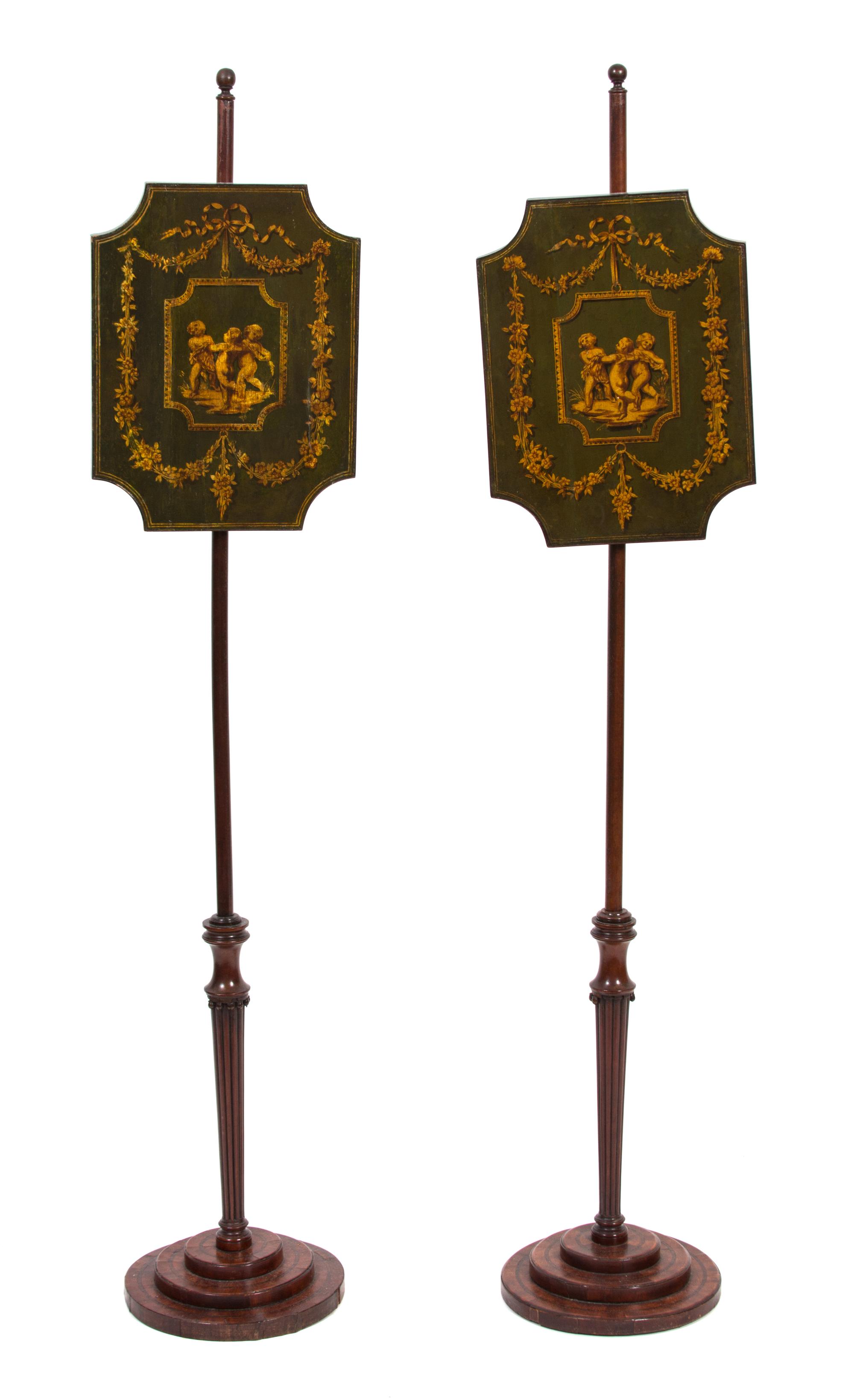 A Pair of English Regency Pole Screens Height 55 inches. — 19TH CENTURY
