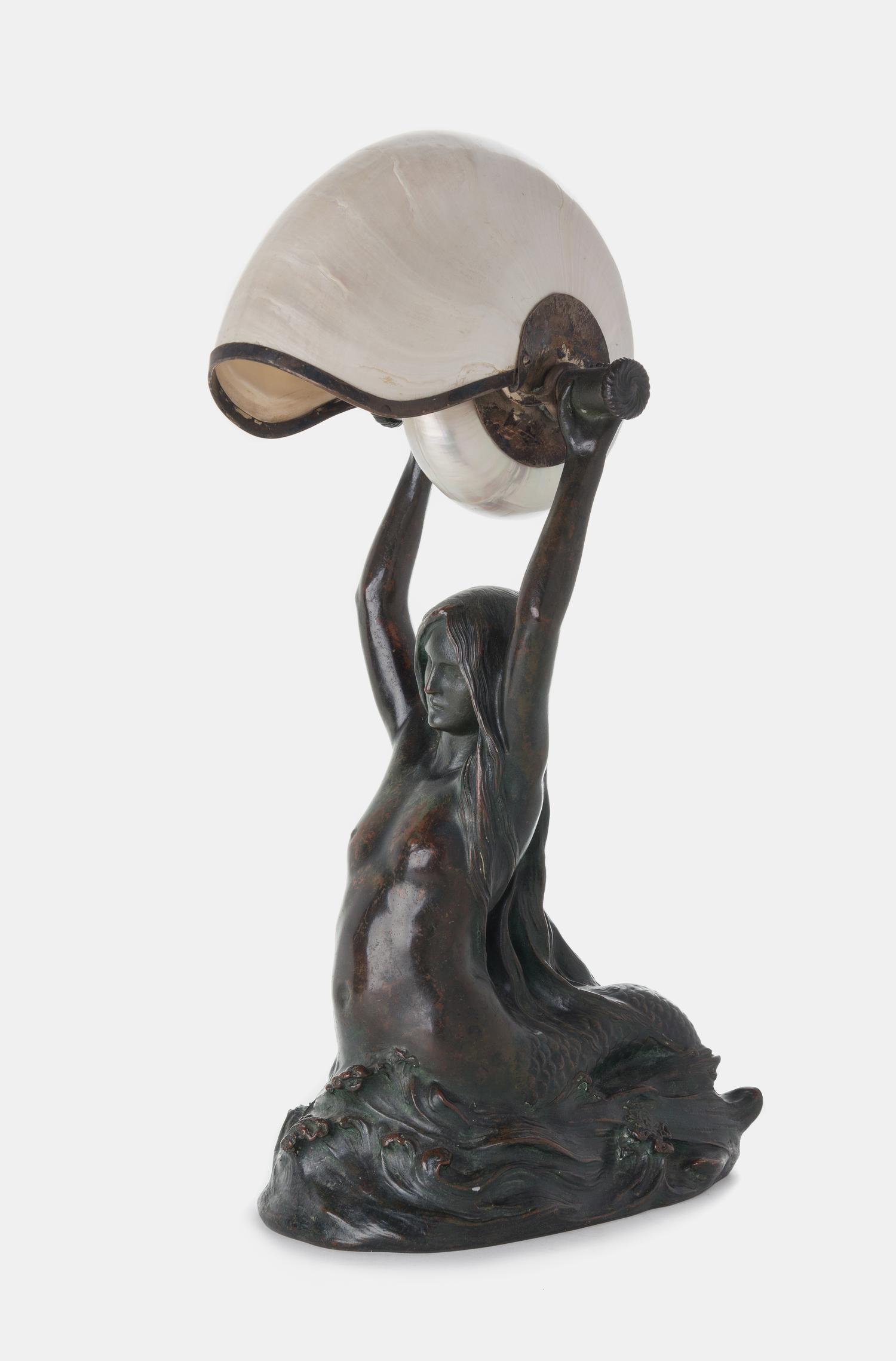 Nautilus Table Lamp, c. 1905 with a Mermaid base cast from a model by Louis Gudebrod