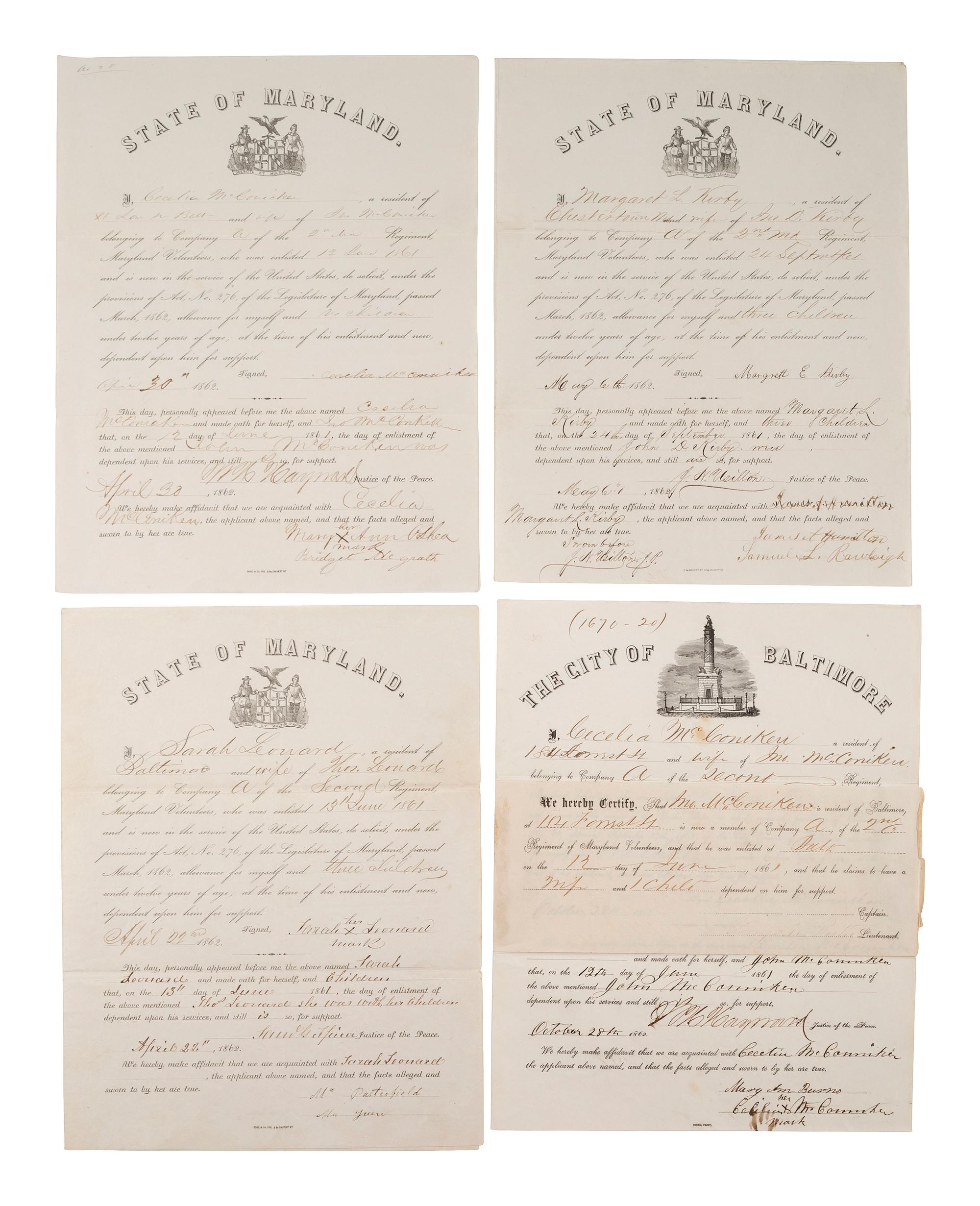 [CIVIL WAR-MARYLAND]. Applications for support & pre-war bonds of appropriations for miltias.