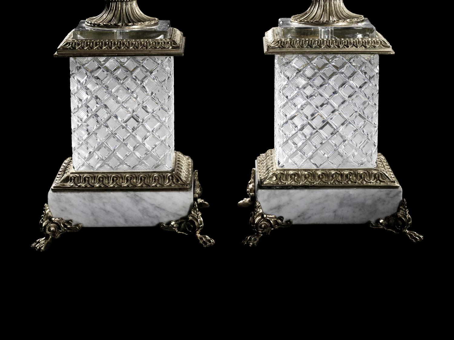 A Pair of Empire Style Gilt Bronze, Marble and Cut Glass Campagna Urns