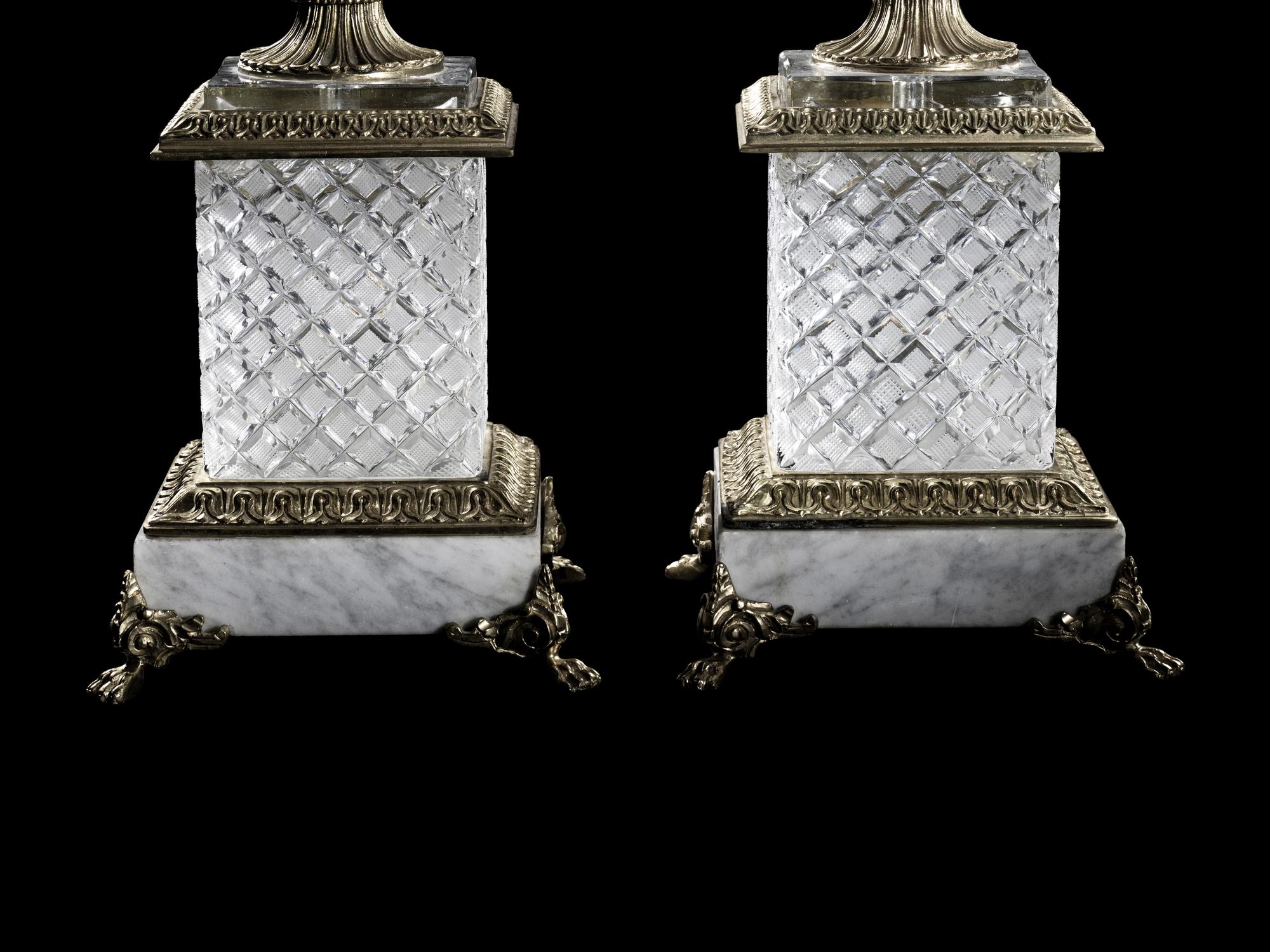 A Pair of Empire Style Gilt Bronze, Marble and Cut Glass Campagna Urns