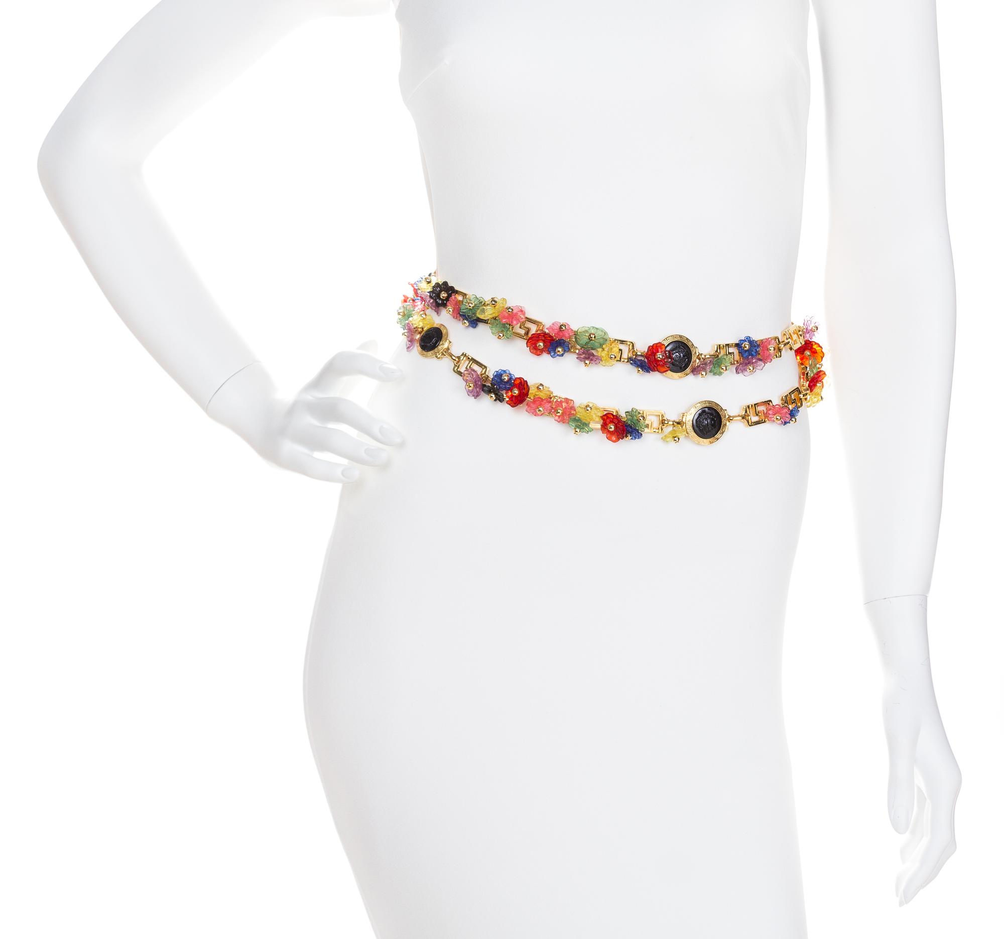 A Gianni Versace Multicolor Floral and Greco Link Belt, 52.5"- 55" x .75"; Medallions: 1" x 1".