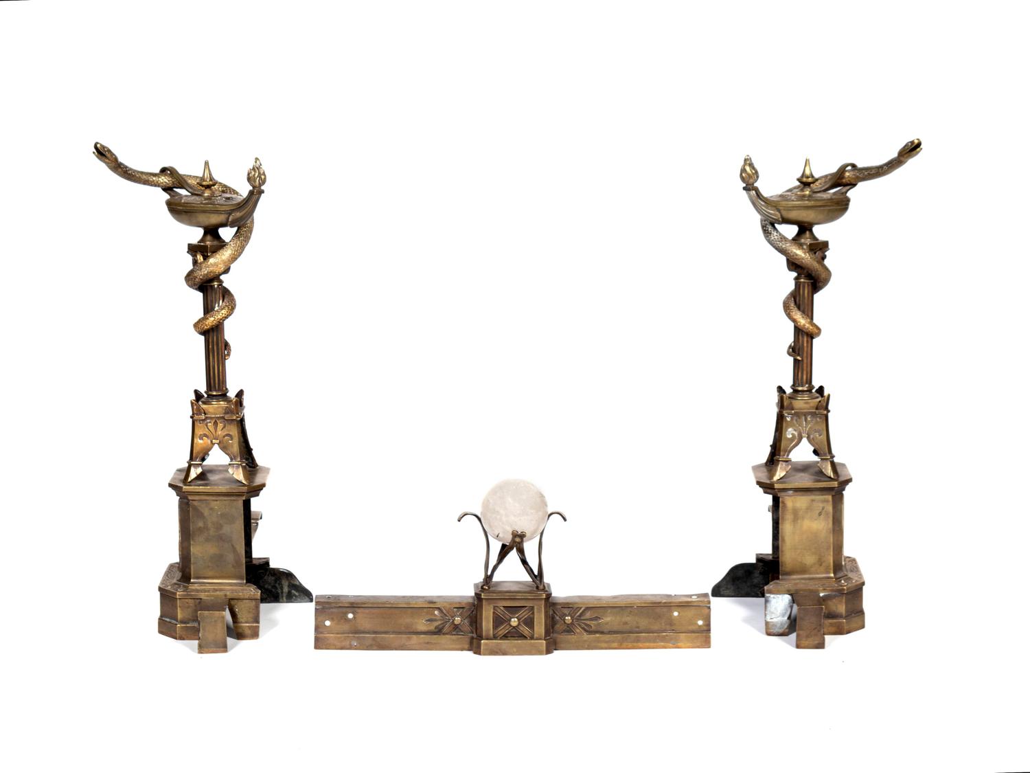 Pair of Neo-Grec Parcel-Gilt and Patinated Bronze Andirons and Fender — LATE 19TH CENTURY