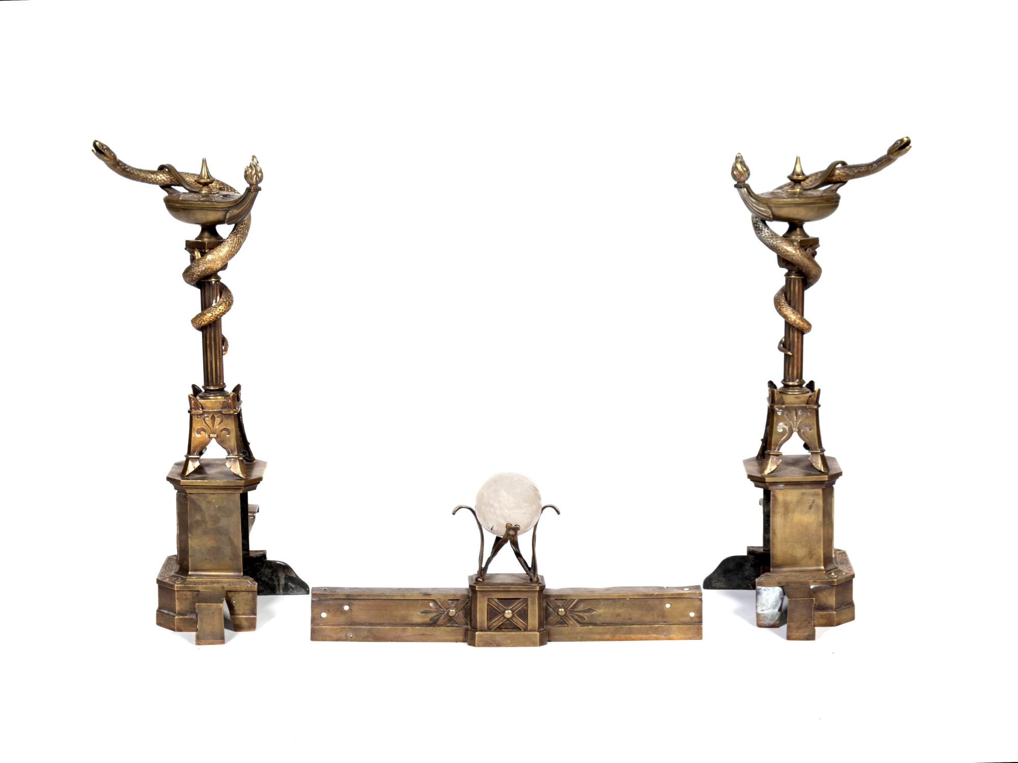 Pair of Neo-Grec Parcel-Gilt and Patinated Bronze Andirons and Fender — LATE 19TH CENTURY