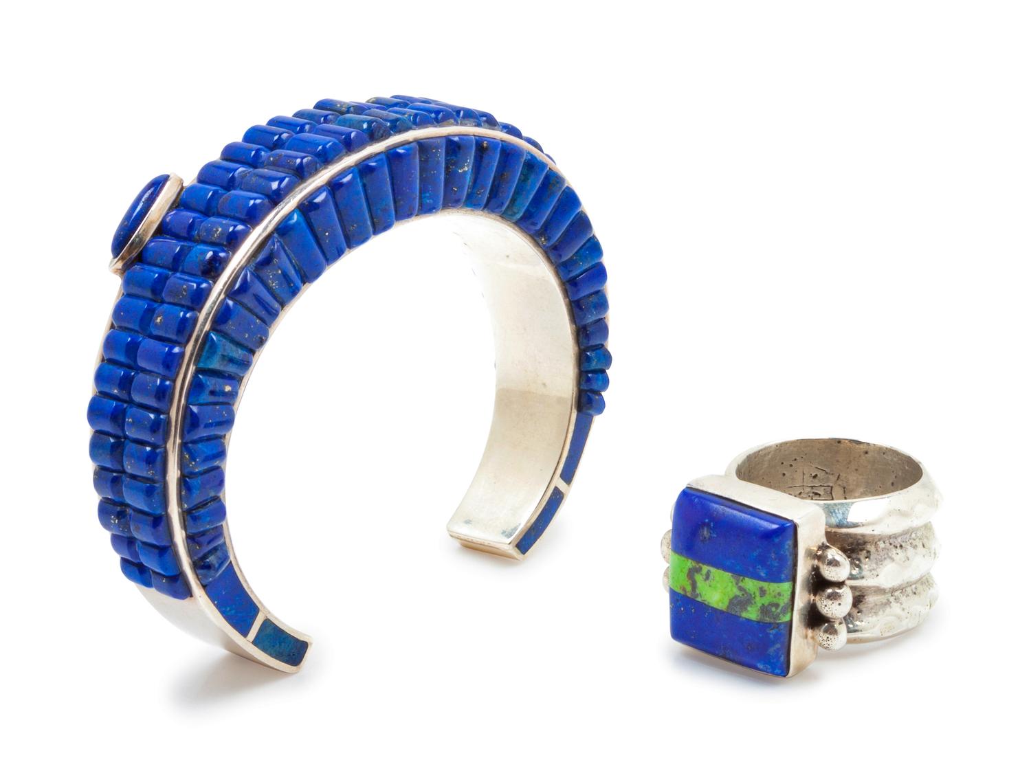Uniquely Styled Lapis Cuff with Lapis and Turquoise Ring
