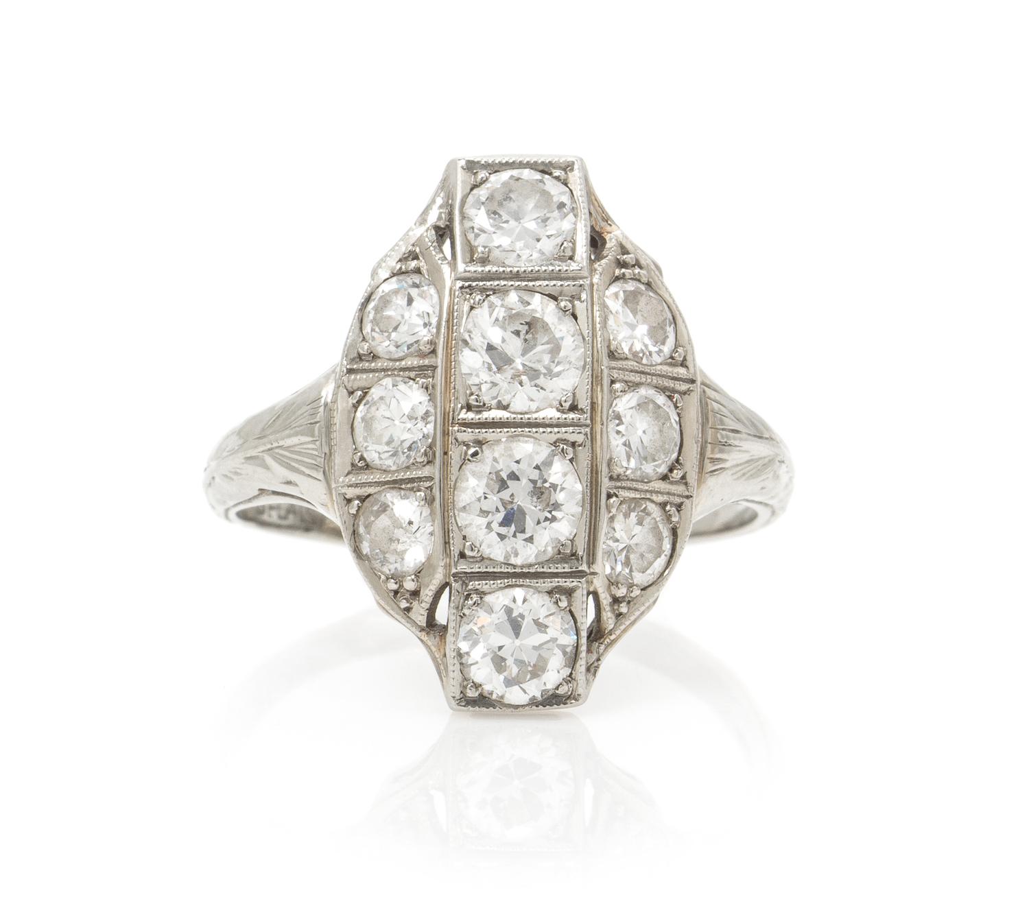 An Art Deco White Gold and Diamond Ring, 2.10 dwts.
