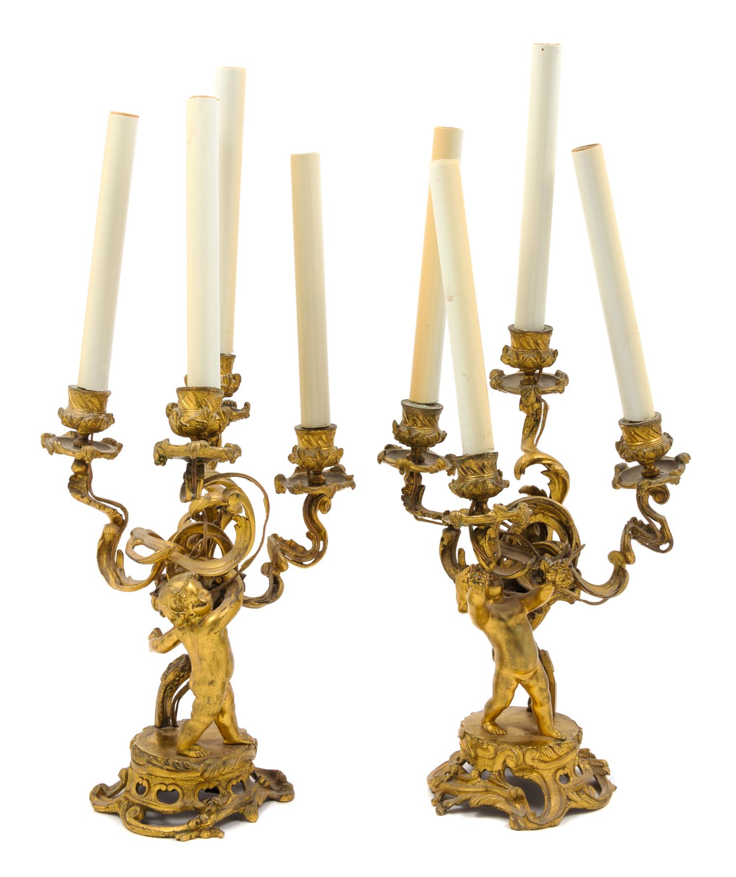 A Pair of Louis XV Gilt Bronze Four-Light Candelabra Height of taller 13 1/2 inches. — LATE 18TH/EARLY 19TH CENTURY