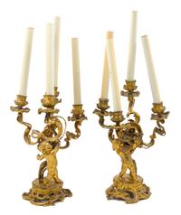 A Pair of Louis XV Gilt Bronze Four-Light Candelabra Height of taller 13 1/2 inches. — LATE 18TH/EARLY 19TH CENTURY
