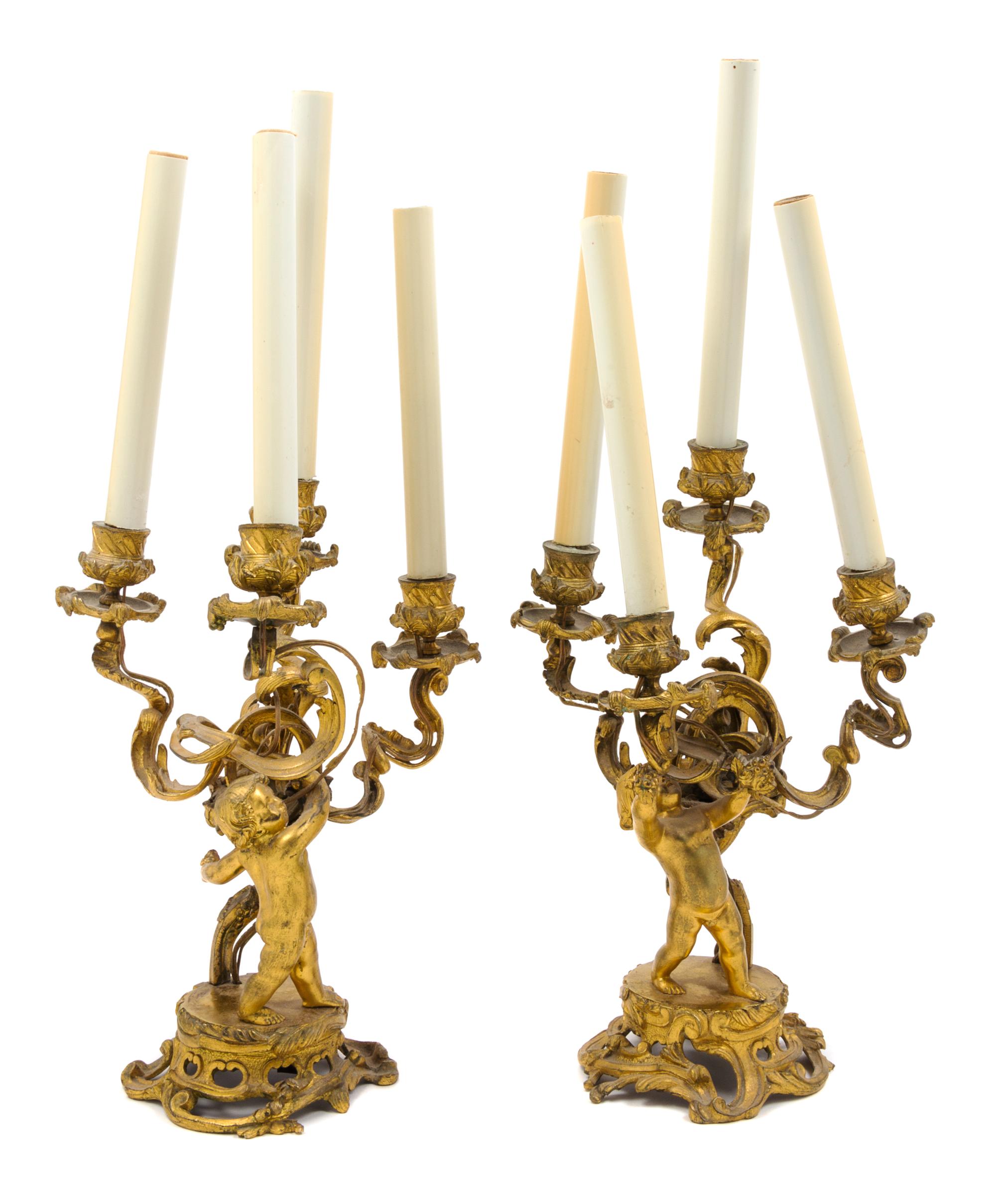 A Pair of Louis XV Gilt Bronze Four-Light Candelabra Height of taller 13 1/2 inches. — LATE 18TH/EARLY 19TH CENTURY