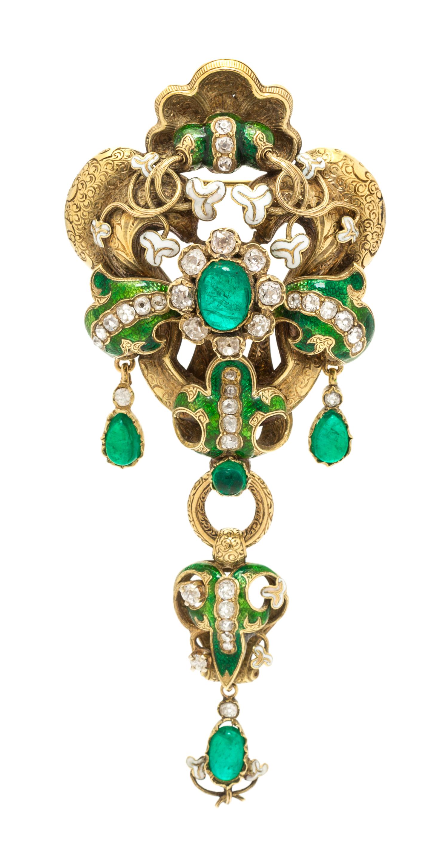 A Victorian Yellow Gold, Emerald, Diamond and Polychrome Enamel Brooch, 19.80 dwts.