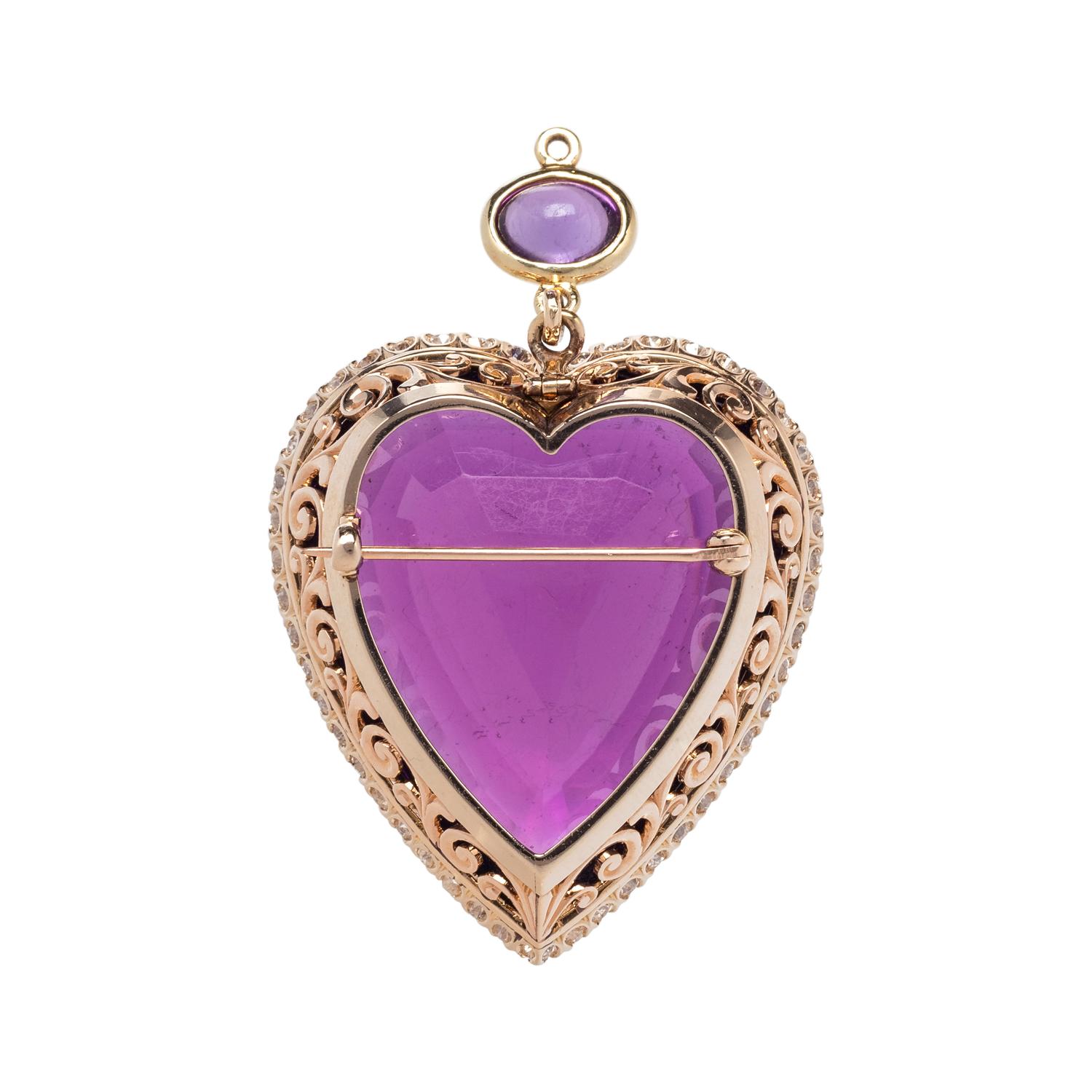 ANTIQUE, AMETHYST AND DIAMOND HEART PENDANT/BROOCH