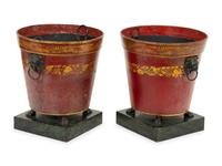 A Pair of French Red and Gilt Tole Peinte Cache Pots