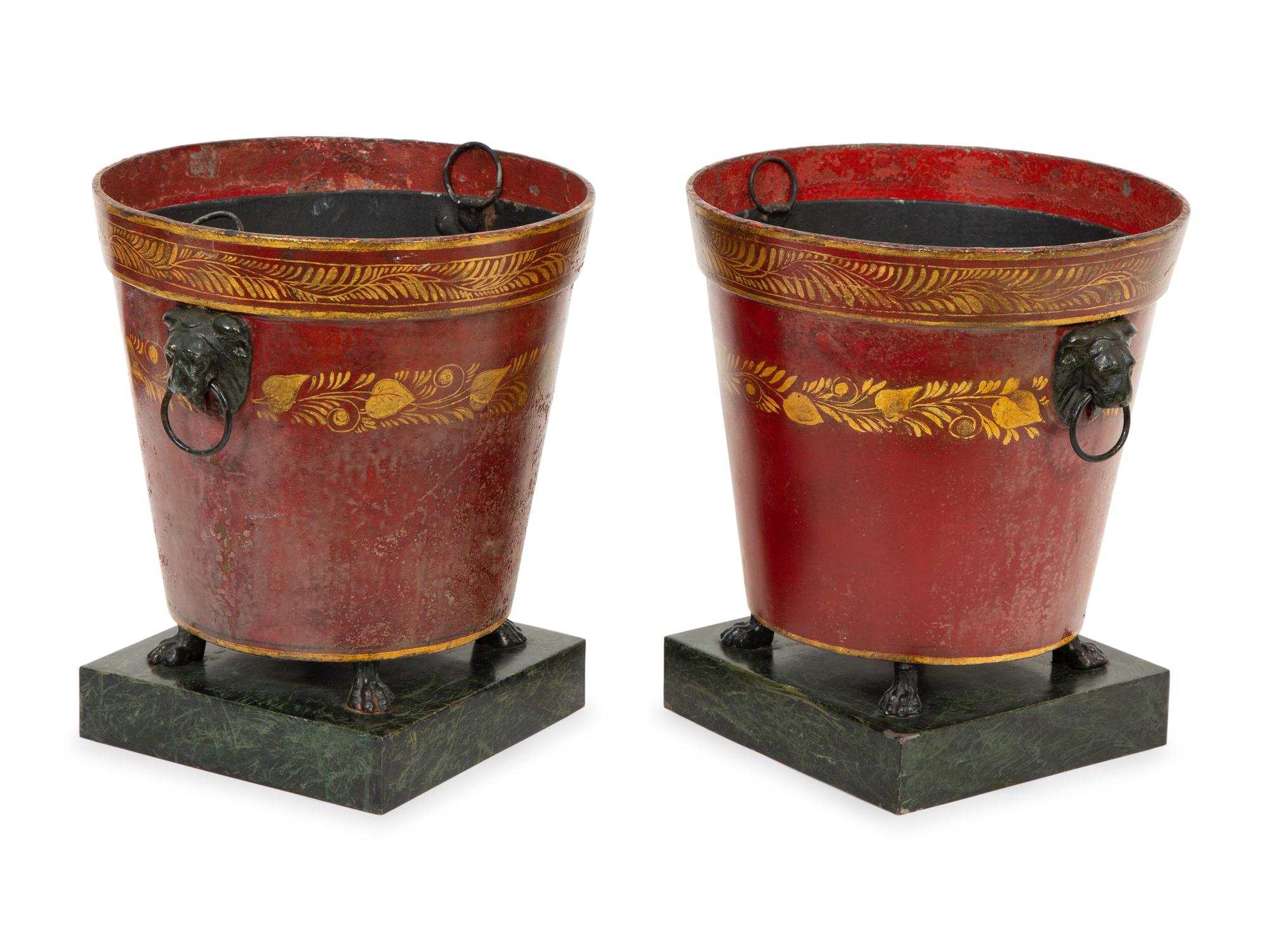 A Pair of French Red and Gilt Tole Peinte Cache Pots
