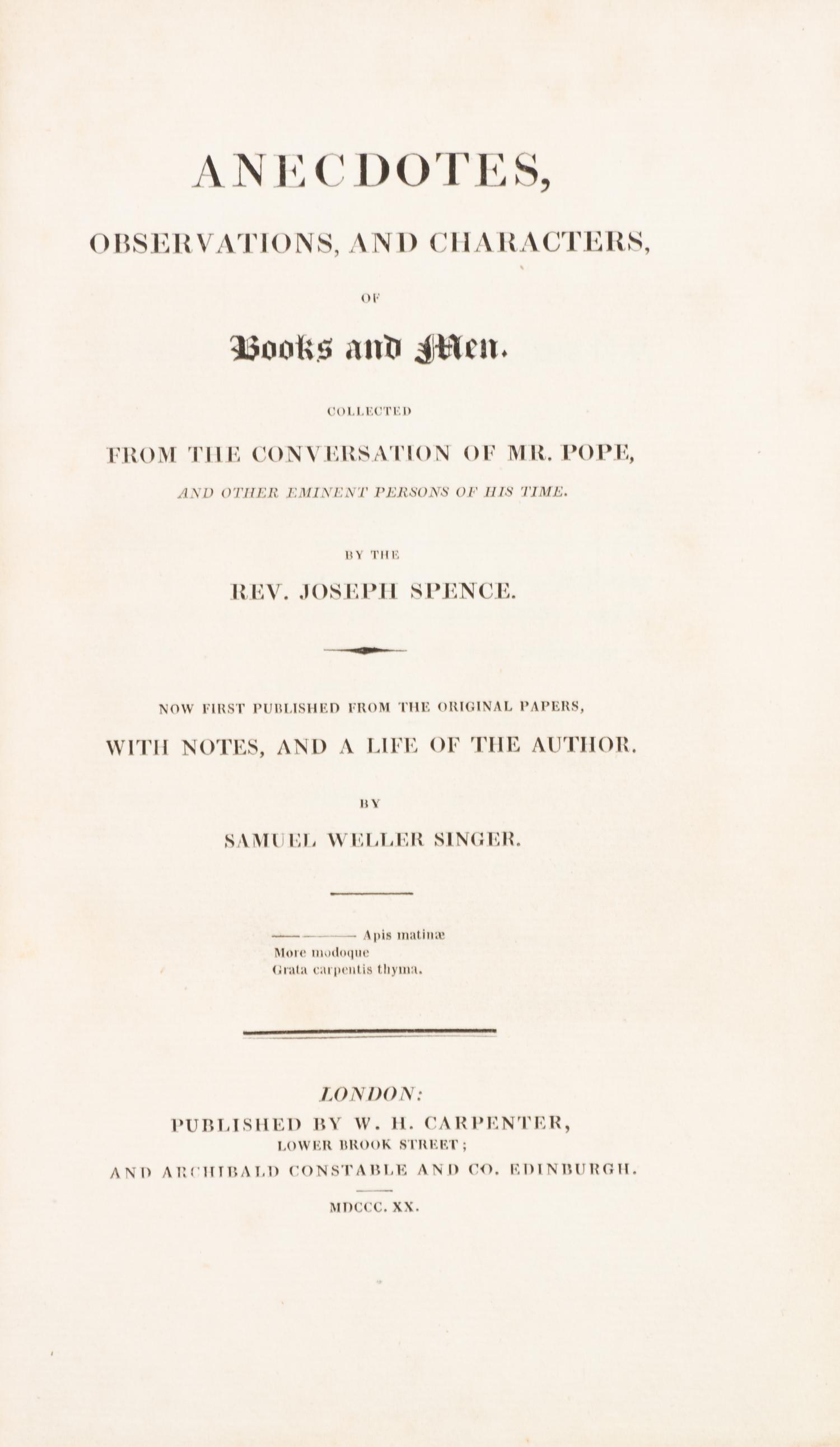 SPENCE, JOSEPH. Anecdotes, Observations, and Characters, of Books and Men. London, 1820. Extra-illustrated.