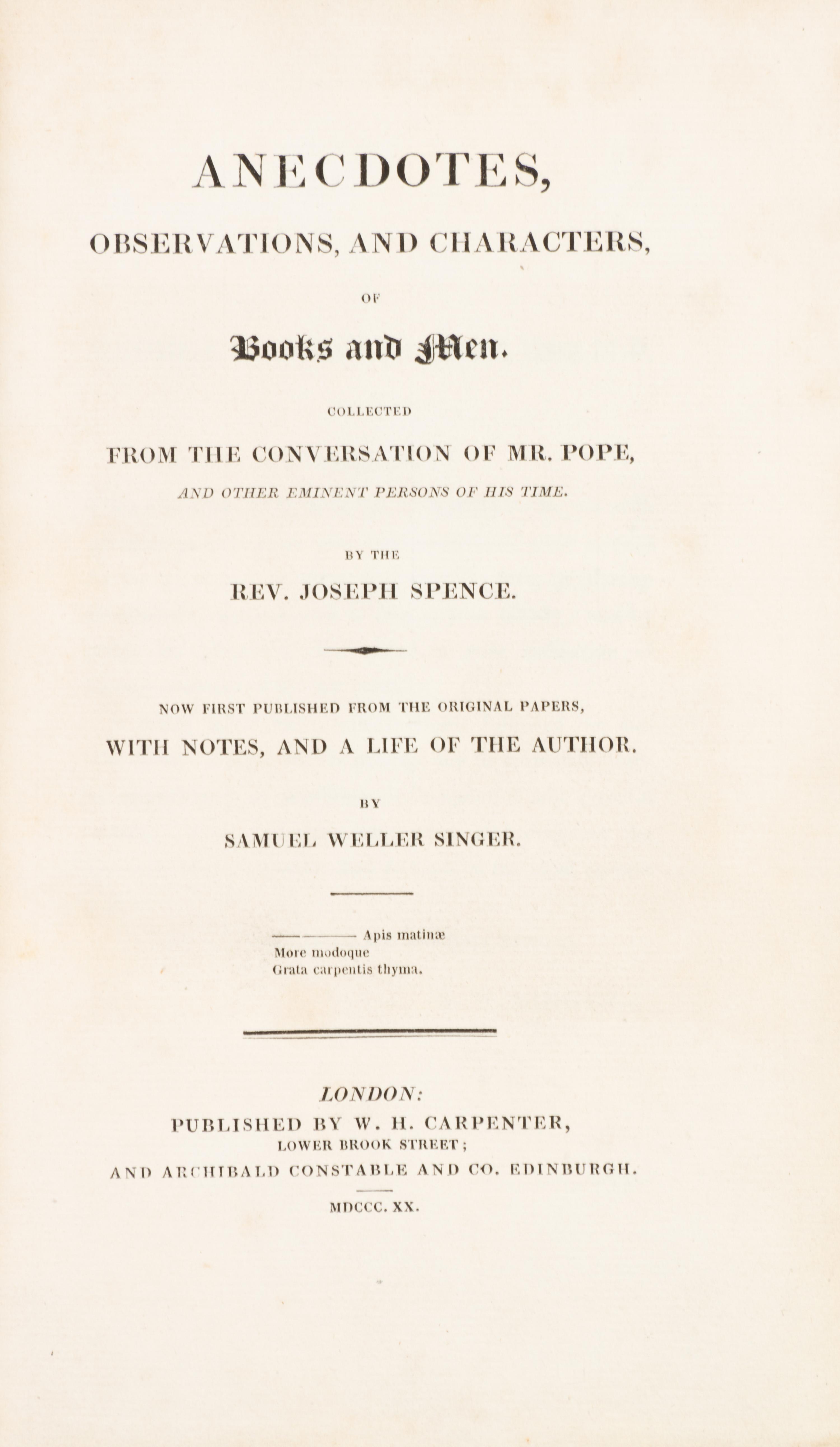 SPENCE, JOSEPH. Anecdotes, Observations, and Characters, of Books and Men. London, 1820. Extra-illustrated.