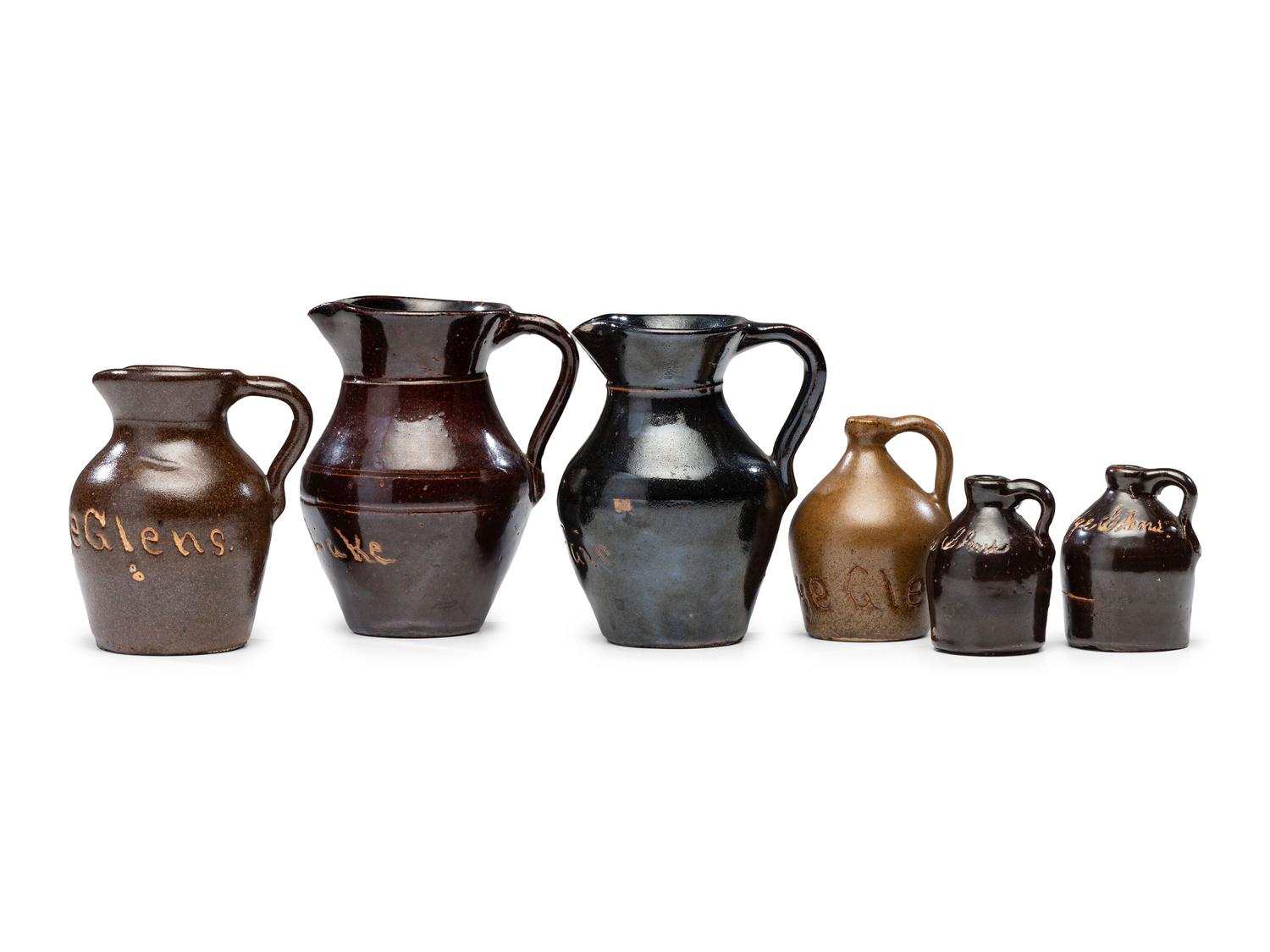 Six Fair and Amusement Park Souvenir Slip-Glazed Miniature Stoneware Vessels