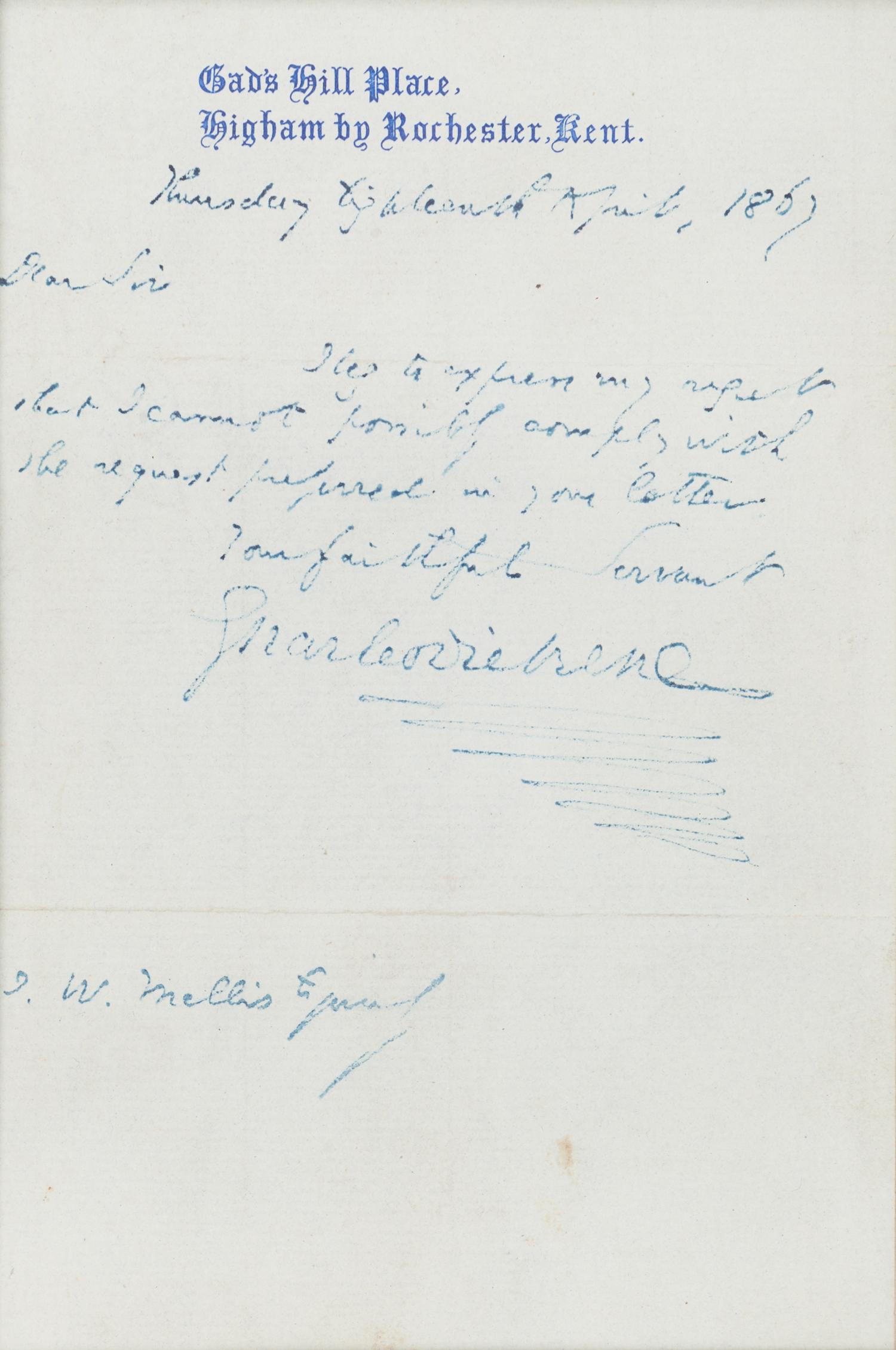 DICKENS, Charles (1812-1870). Autograph letter signed ("Charles Dickens"), to J. W. Mellis. Higham by Rochester, Kent, 18 August 1867.
