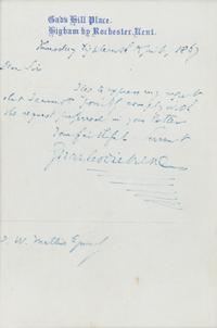DICKENS, Charles (1812-1870). Autograph letter signed ("Charles Dickens"), to J. W. Mellis. Higham by Rochester, Kent, 18 August 1867.