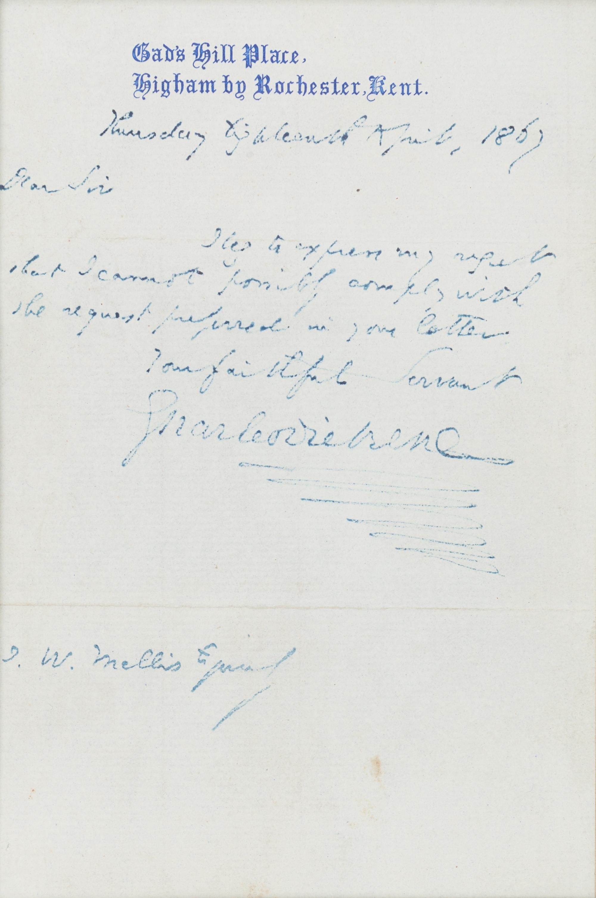 DICKENS, Charles (1812-1870). Autograph letter signed ("Charles Dickens"), to J. W. Mellis. Higham by Rochester, Kent, 18 August 1867.
