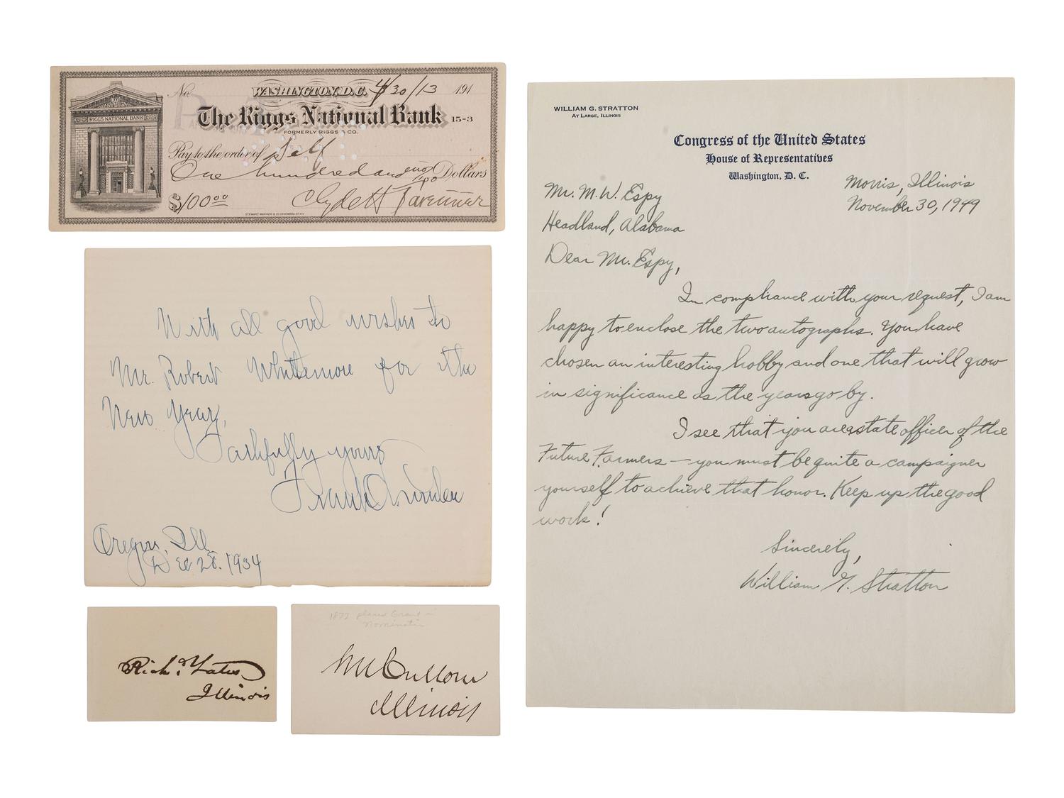 [ILLINOIS] Autographs and ephemera related to Illinois politicians and other influential figures.