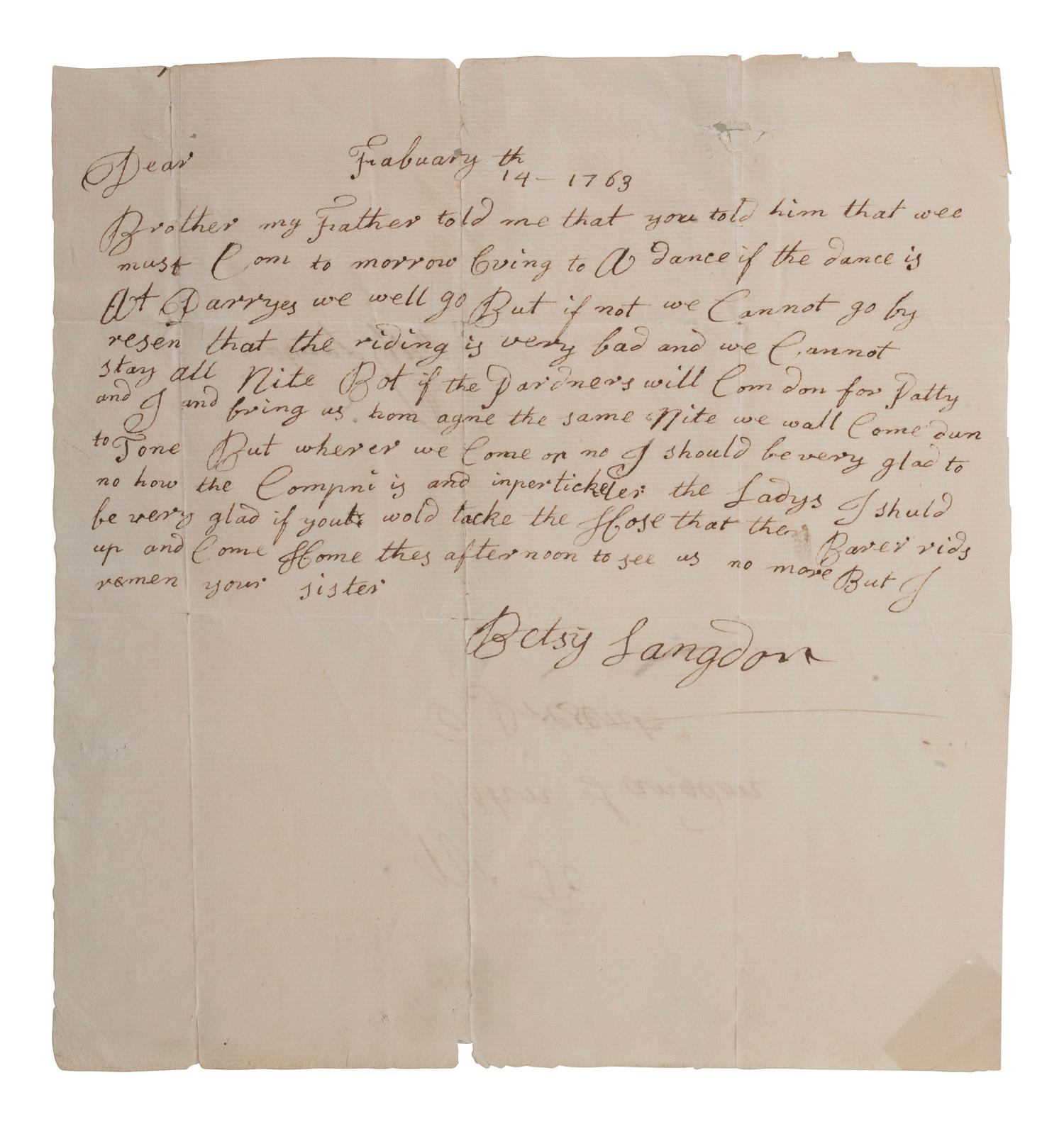 [SIGNER]. LANGDON, John (1741-1819). Letter signed ("John Langdon"). Portsmouth, NH. 16 July 1762. [ With: ] LANGDON, Betsy. ALS 1763.